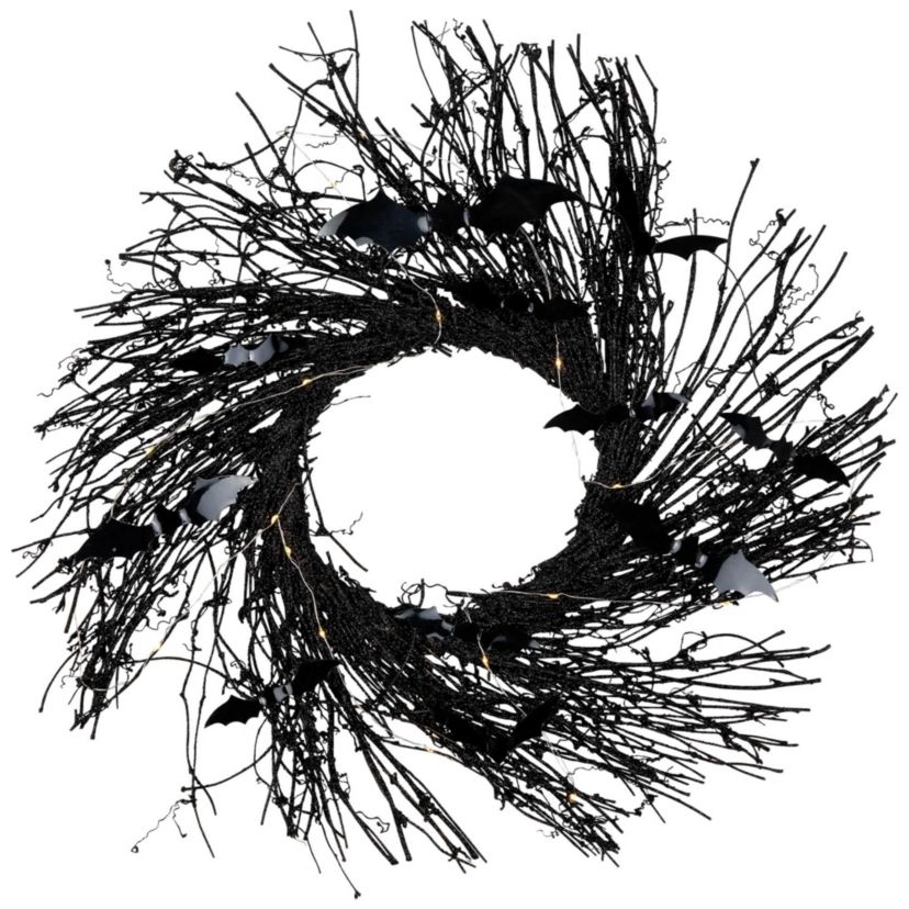 Black Halloween Twig Wreath with Bats and Warm White Lights  22-Inch