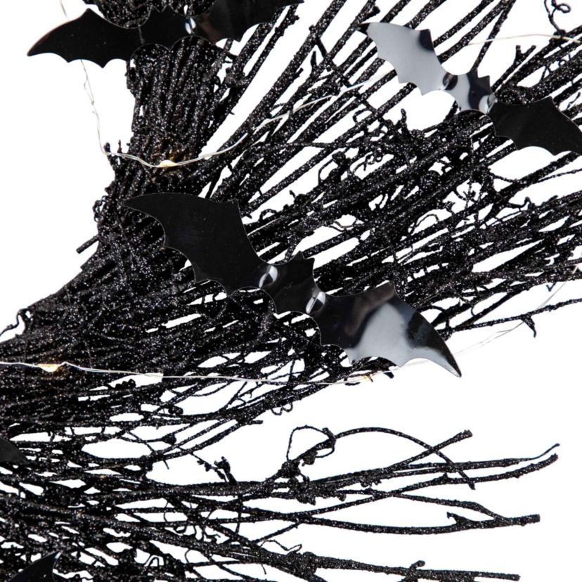 Black Halloween Twig Wreath with Bats and Warm White Lights  22-Inch