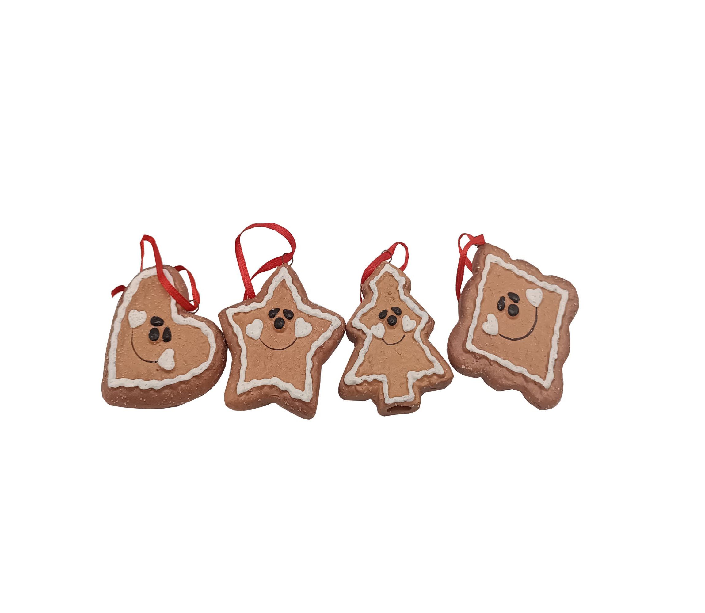 Set of 4 Gingerbread Heart Star Tree and Diamond Christmas Ornaments 2.5inch