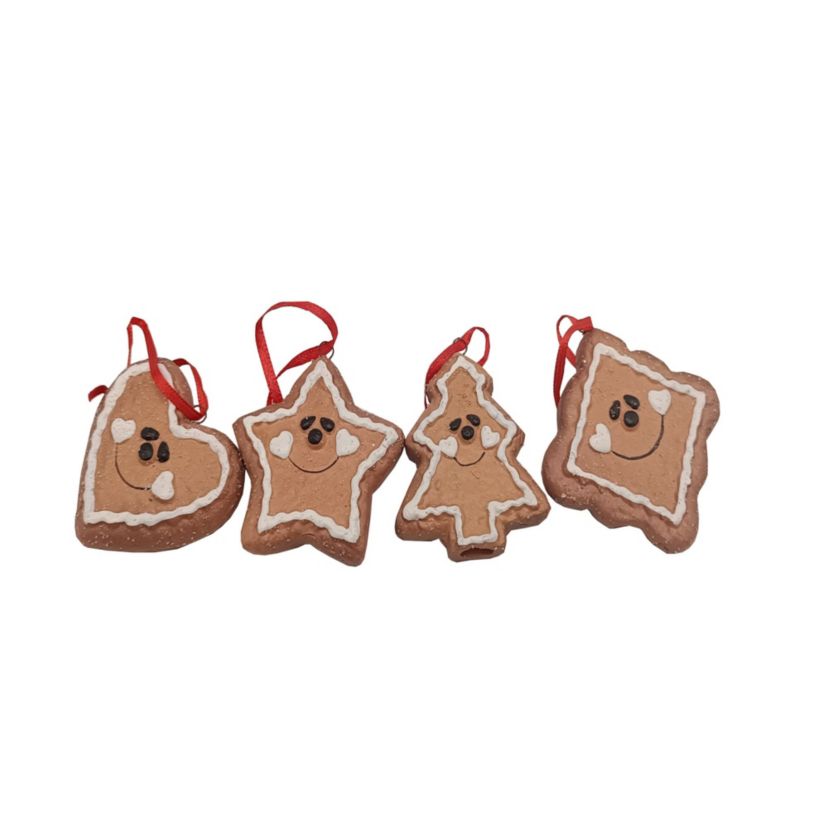 Set of 4 Gingerbread Heart Star Tree and Diamond Christmas Ornaments 2.5inch