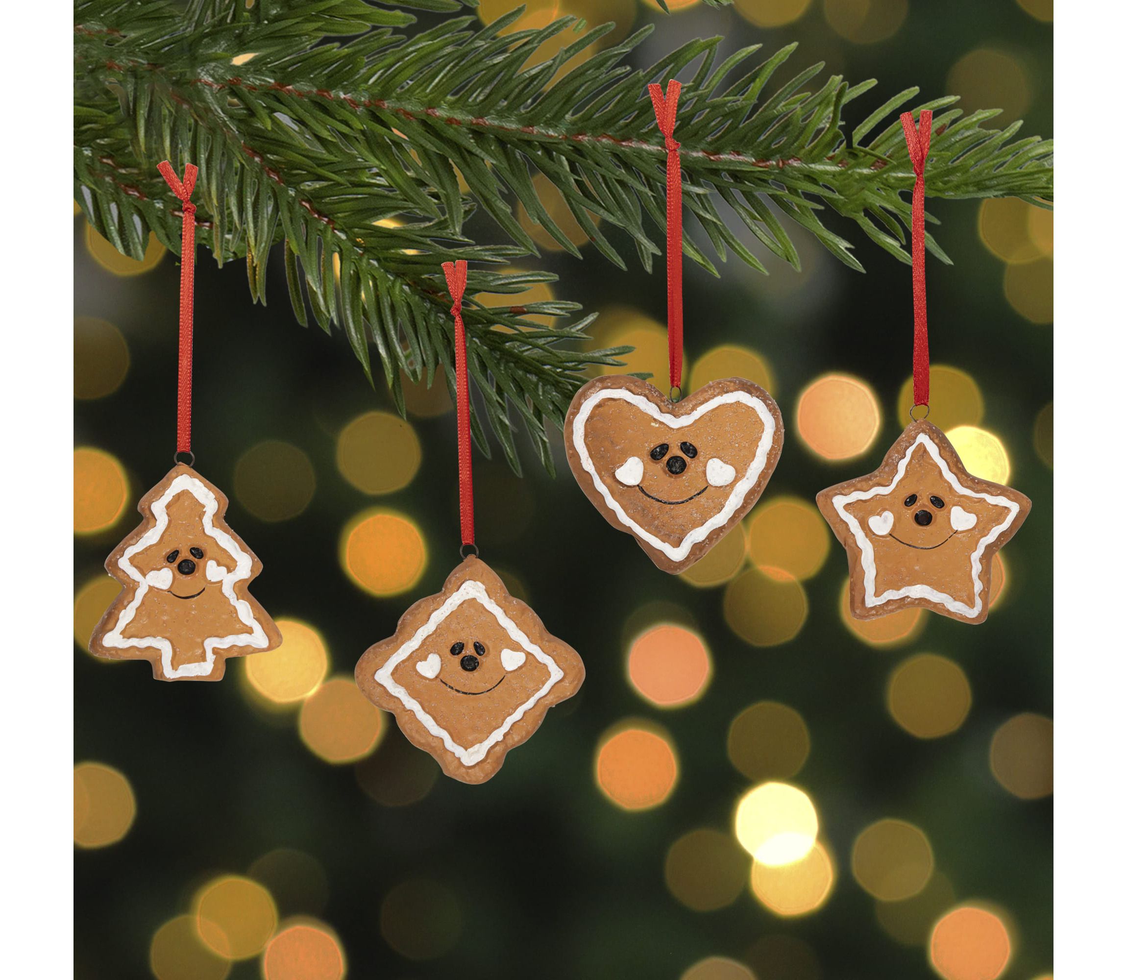 Set of 4 Gingerbread Heart Star Tree and Diamond Christmas Ornaments 2.5inch
