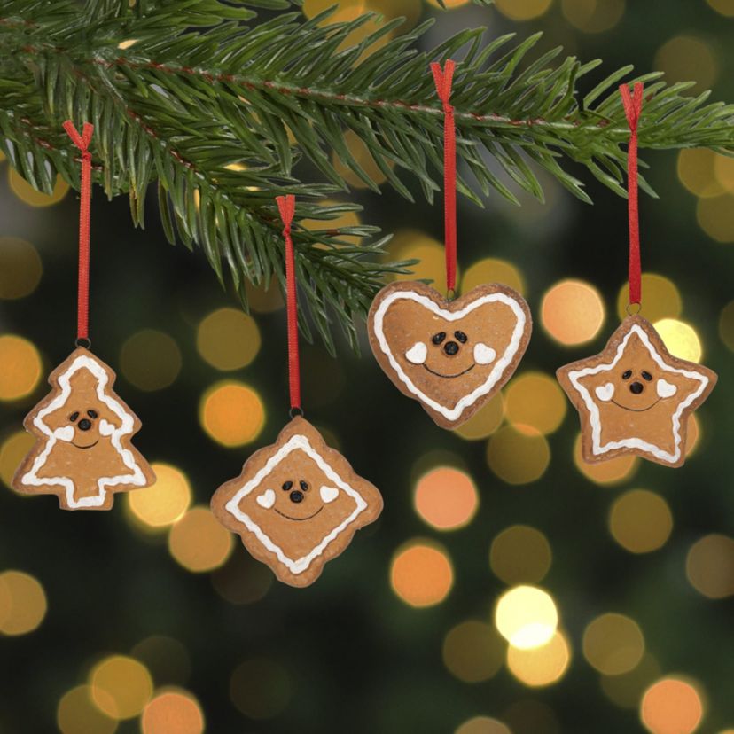 Set of 4 Gingerbread Heart Star Tree and Diamond Christmas Ornaments 2.5inch