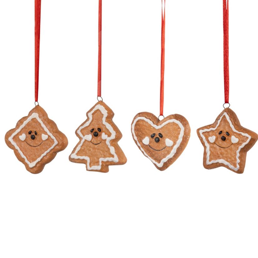 Set of 4 Gingerbread Heart Star Tree and Diamond Christmas Ornaments 2.5inch