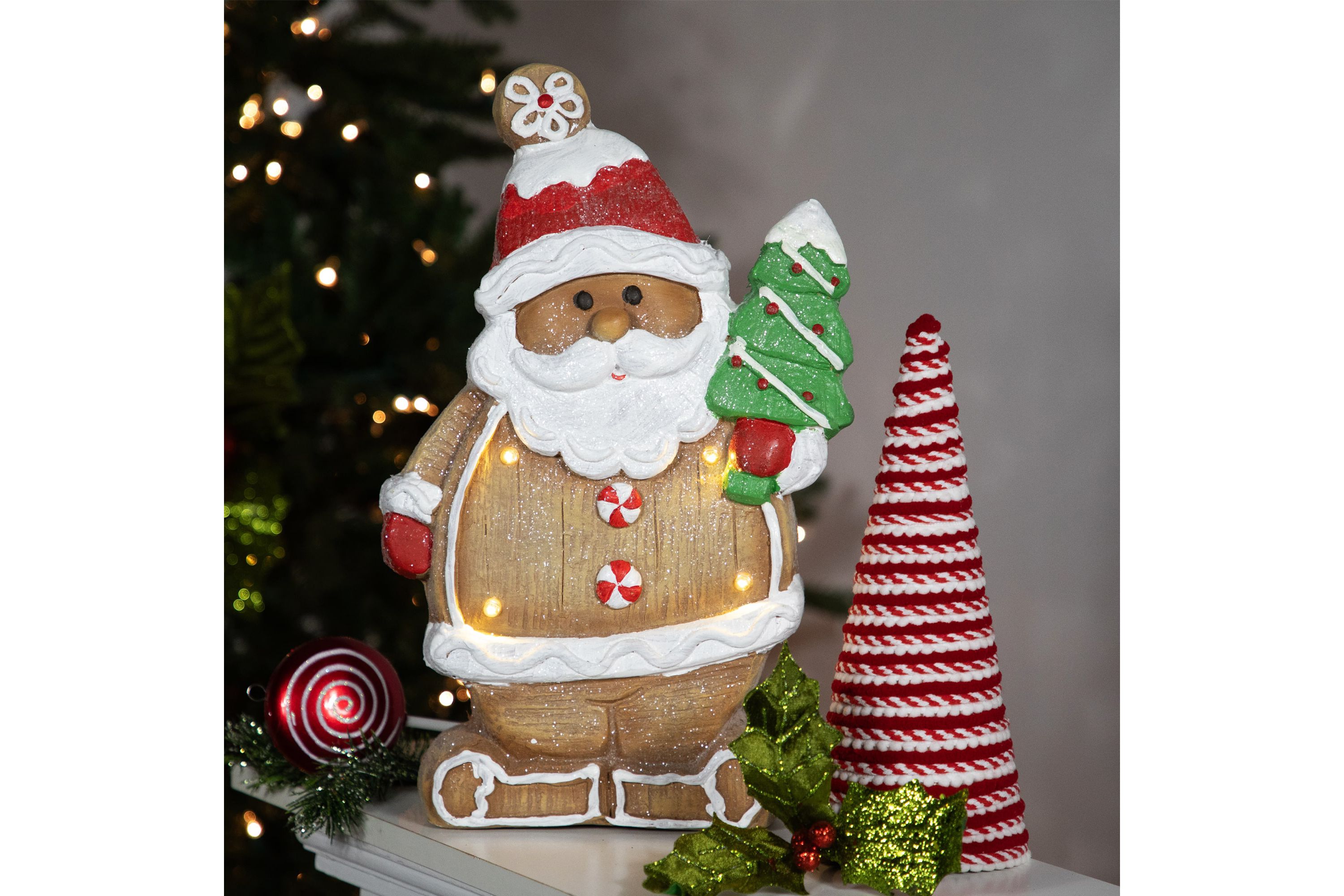16inch Lighted Gingerbread Santa with Frosted Tree Christmas Figure