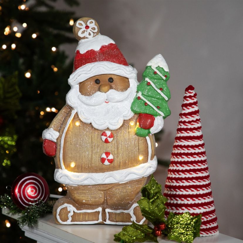 16inch Lighted Gingerbread Santa with Frosted Tree Christmas Figure