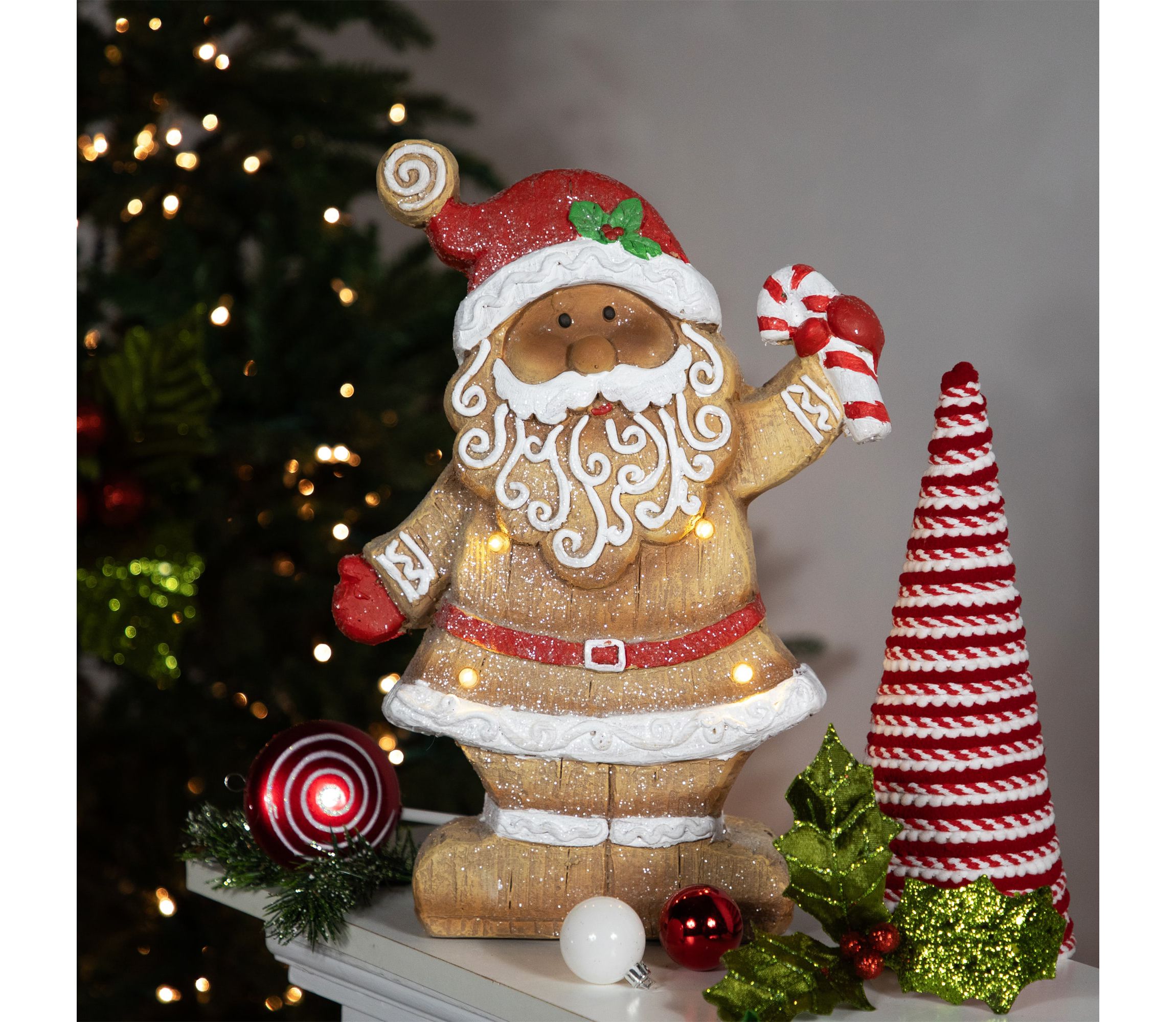 15inch LED Lighted Gingerbread Santa with Candy Cane Christmas Figure