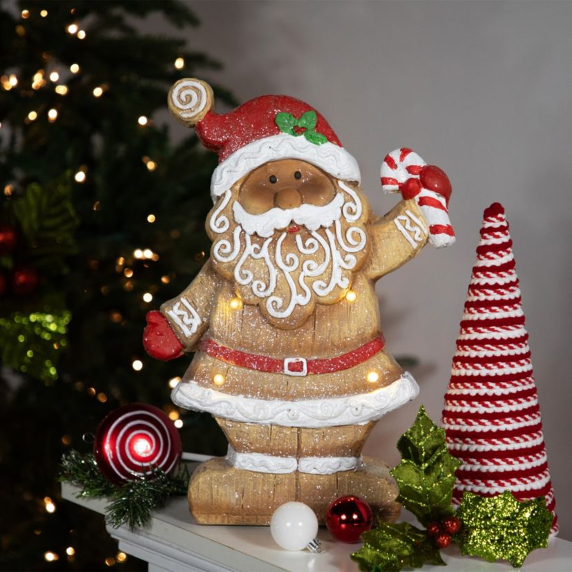 15inch LED Lighted Gingerbread Santa with Candy Cane Christmas Figure