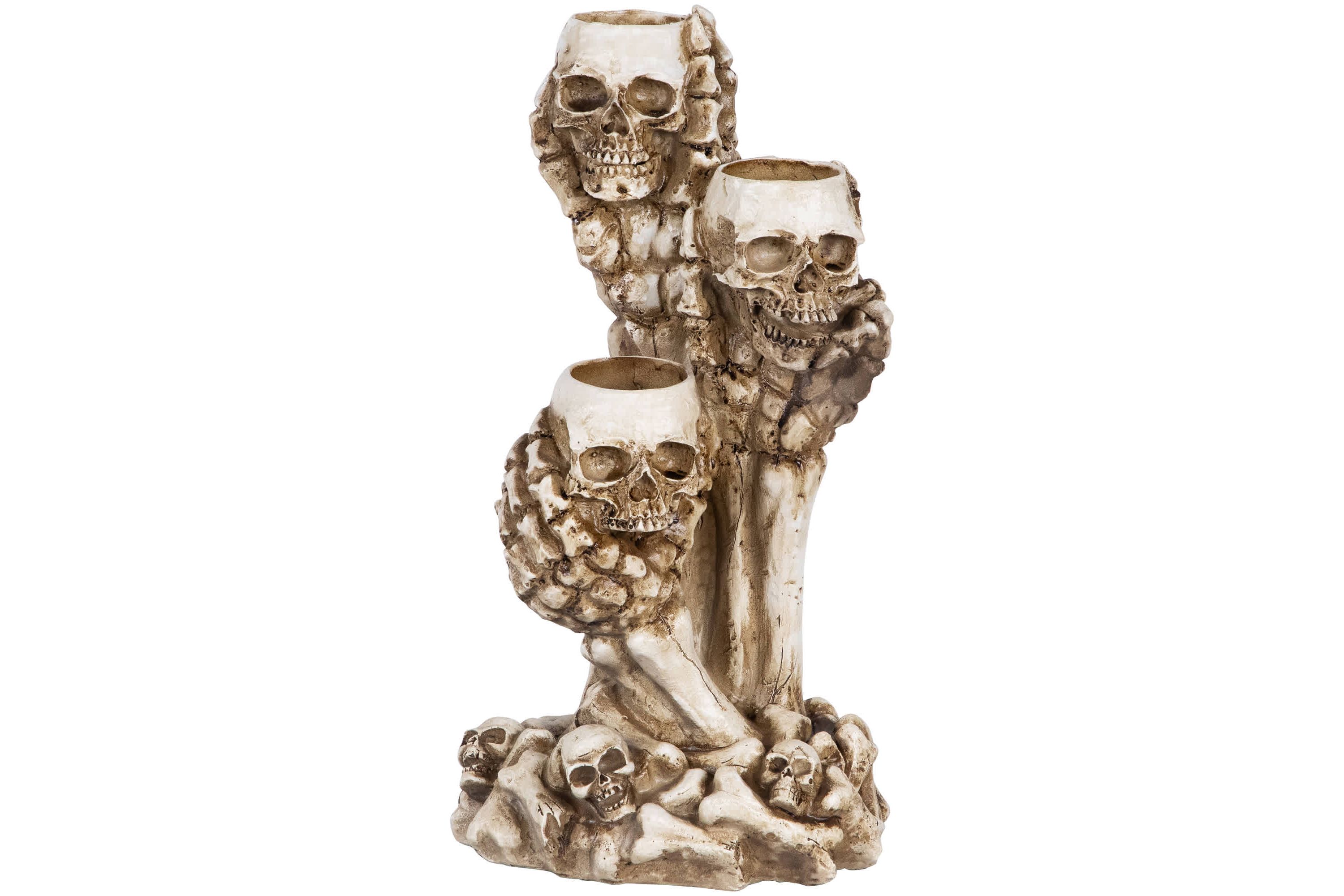 Triple Skulls and Bones Halloween Tea Light Candle Holder - 12"