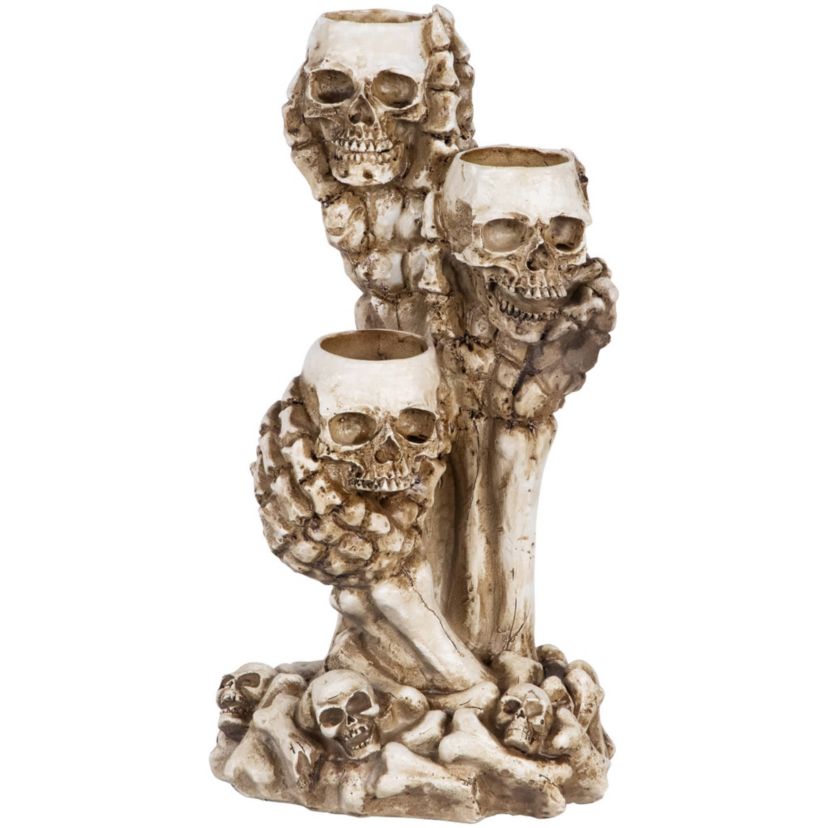 Triple Skulls and Bones Halloween Tea Light Candle Holder - 12"