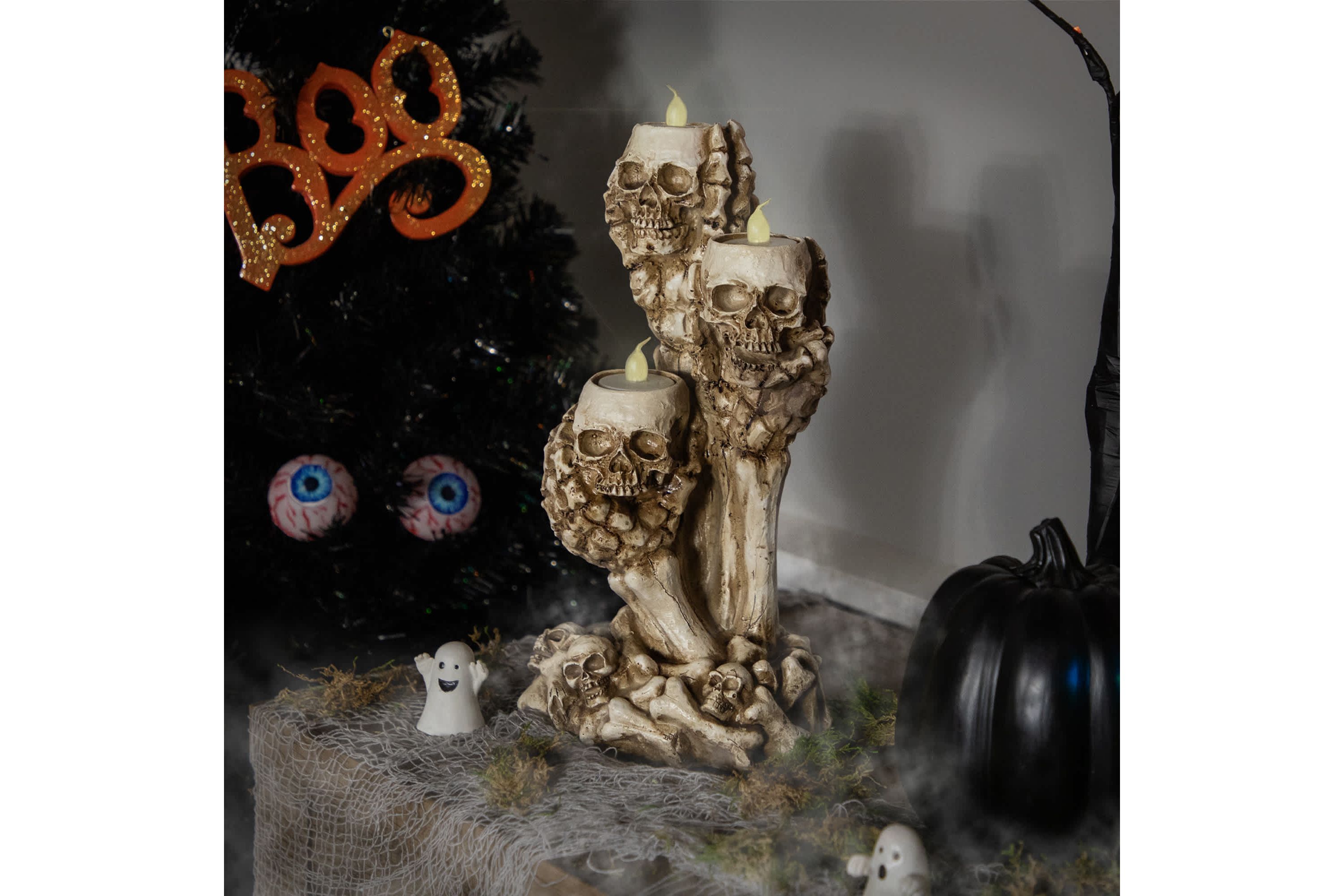 Triple Skulls and Bones Halloween Tea Light Candle Holder - 12"