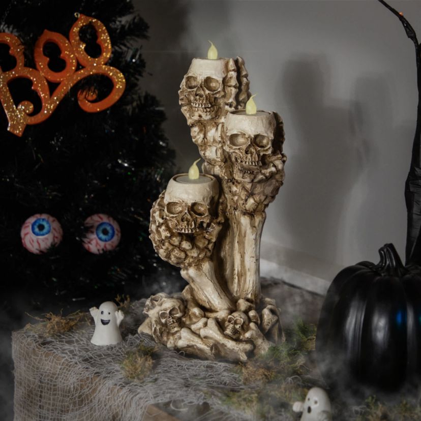 Triple Skulls and Bones Halloween Tea Light Candle Holder - 12"