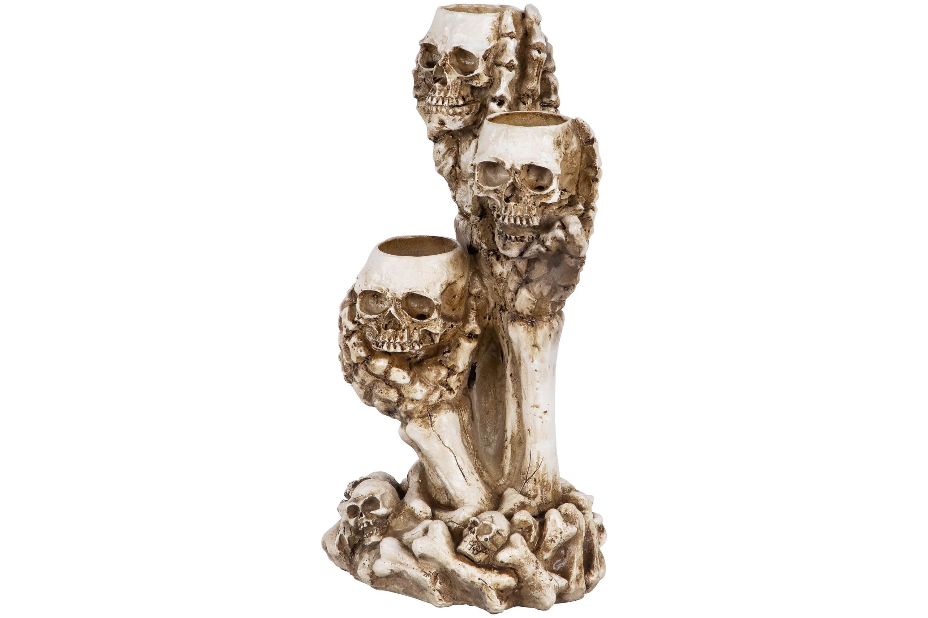 Triple Skulls and Bones Halloween Tea Light Candle Holder - 12"