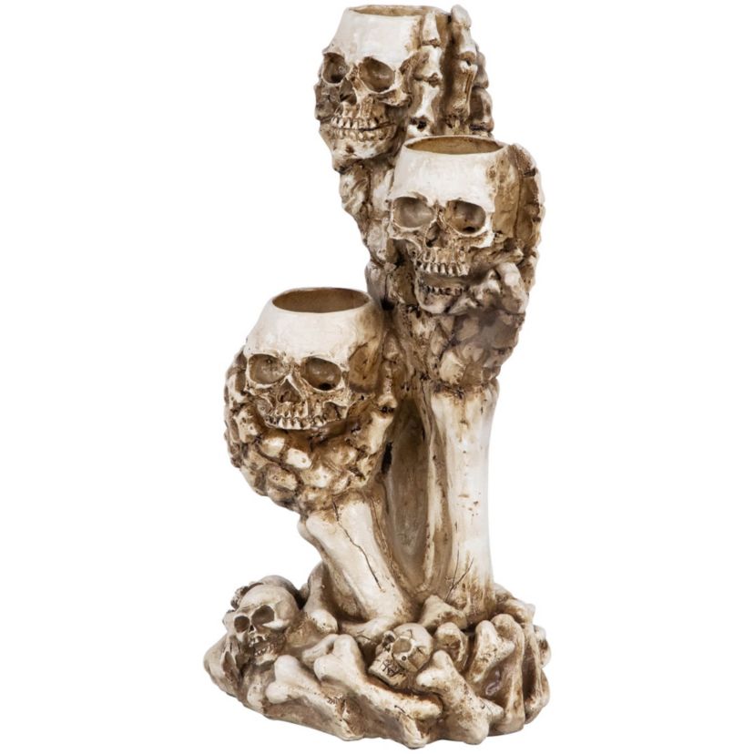 Triple Skulls and Bones Halloween Tea Light Candle Holder - 12"