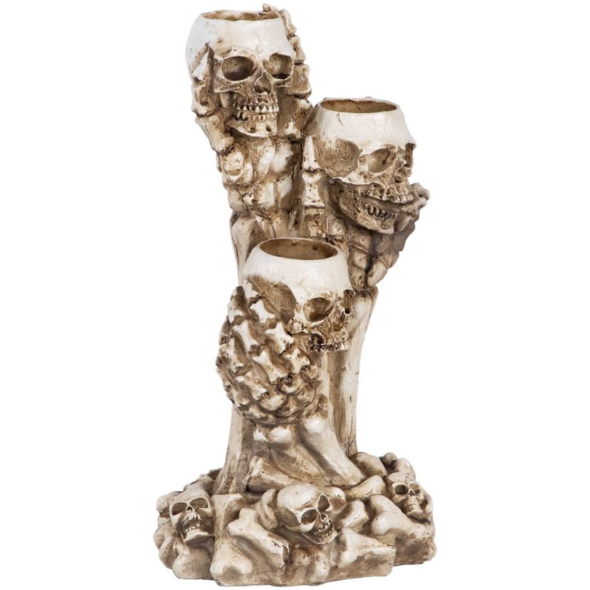 Triple Skulls and Bones Halloween Tea Light Candle Holder - 12"