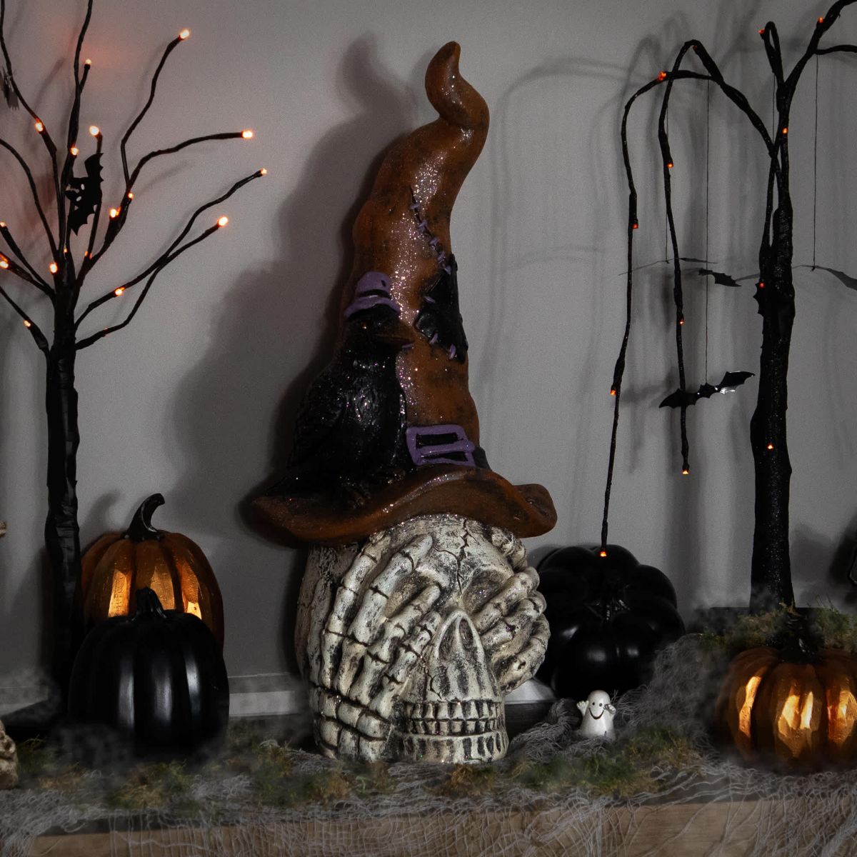 Skull in Witches Hat with Crow Halloween Decoration - 22.75"