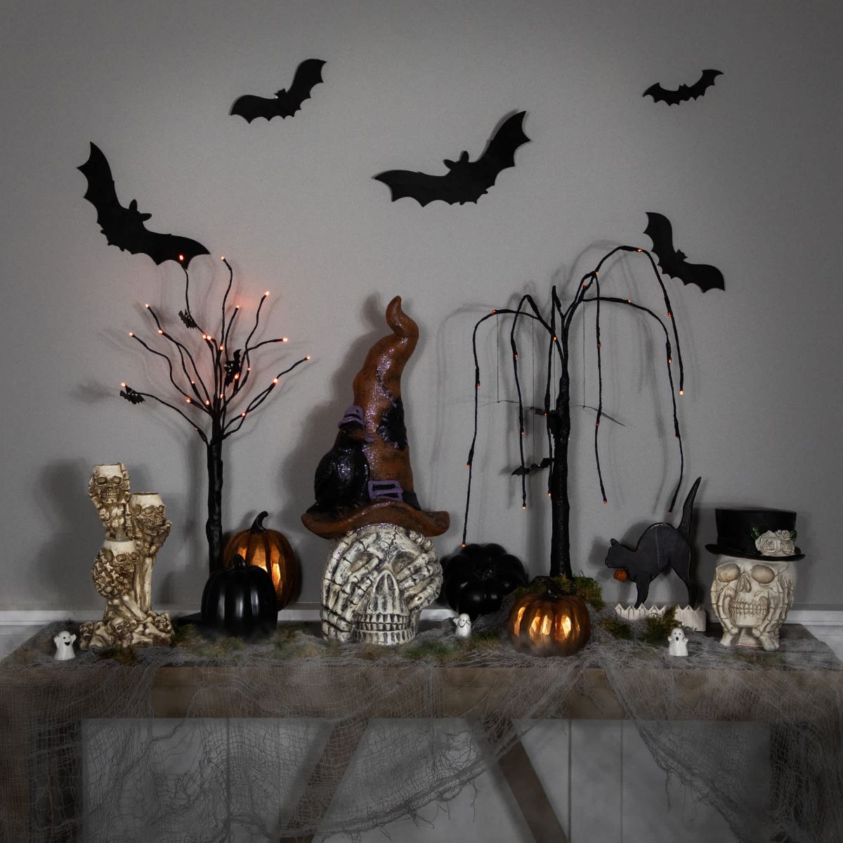 Skull in Witches Hat with Crow Halloween Decoration - 22.75"