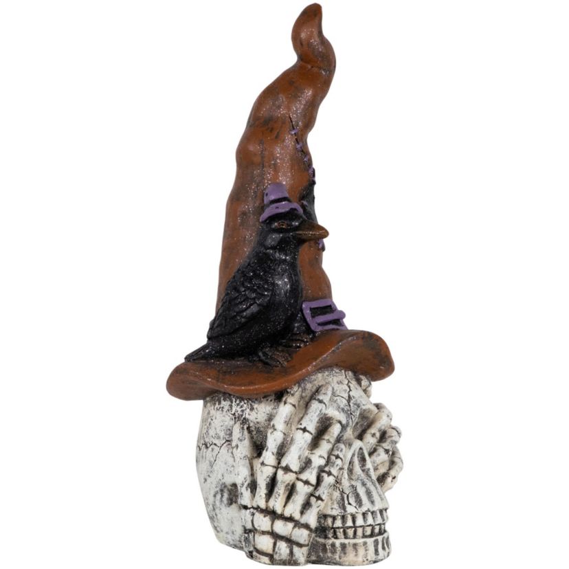 Skull in Witches Hat with Crow Halloween Decoration - 22.75"