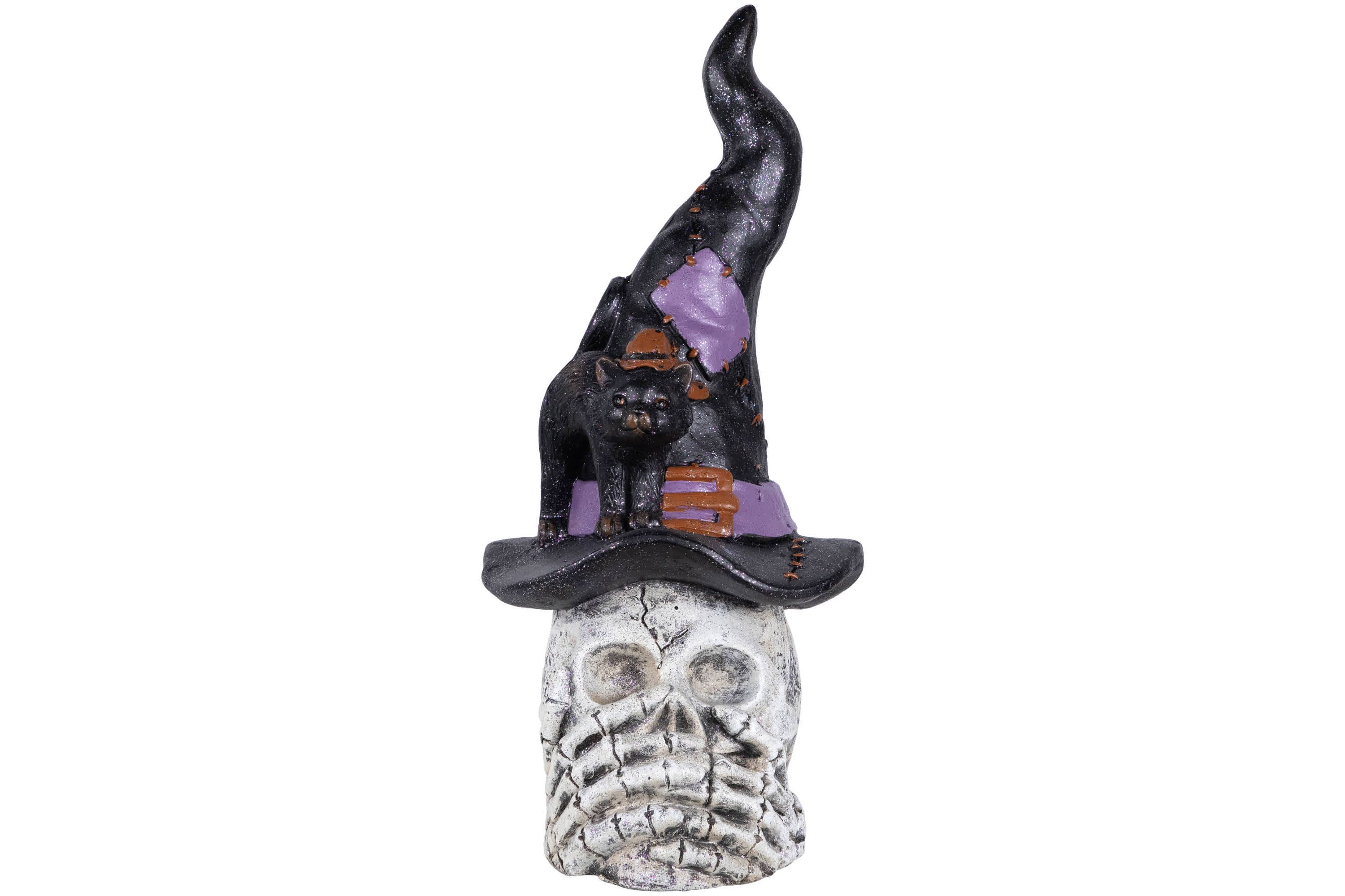 Skull and Skeleton Hands in Witch Hat with Black Cat Halloween Decoration - 22.75"
