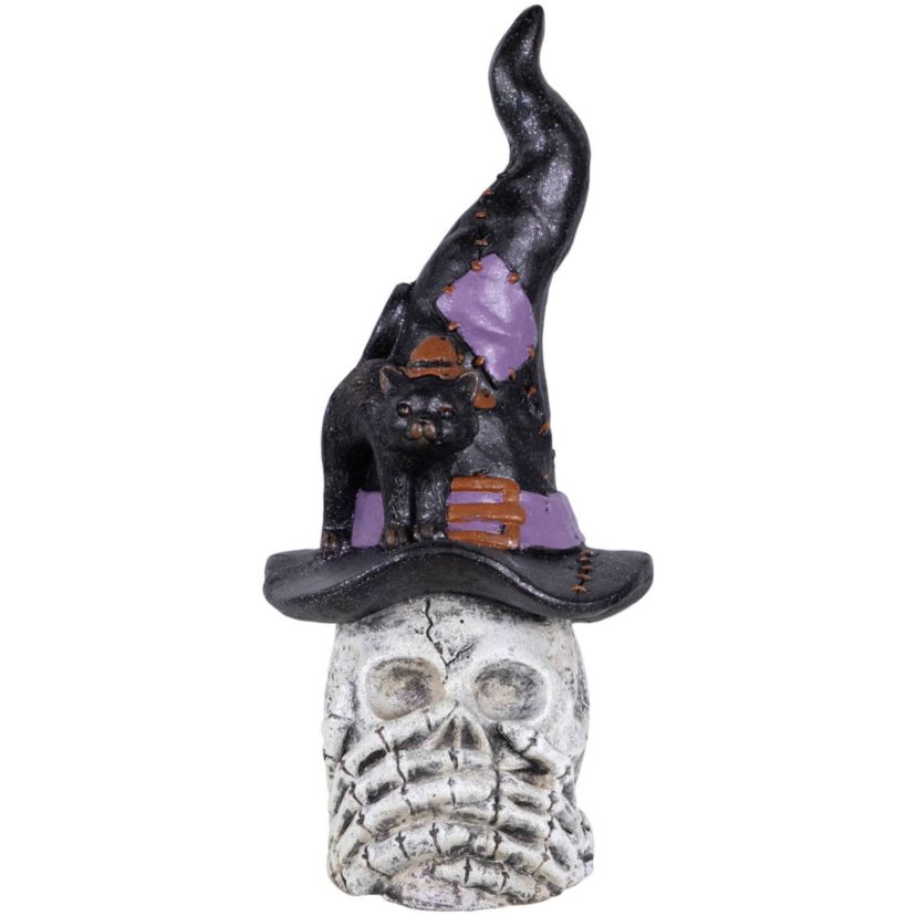 Skull and Skeleton Hands in Witch Hat with Black Cat Halloween Decoration - 22.75"
