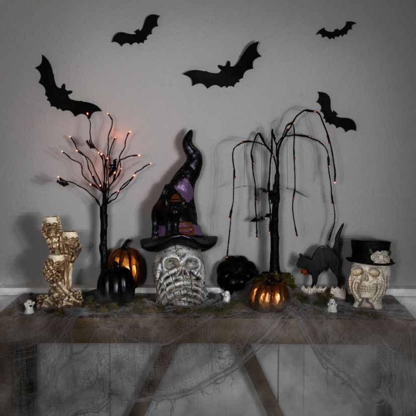 Skull and Skeleton Hands in Witch Hat with Black Cat Halloween Decoration - 22.75"