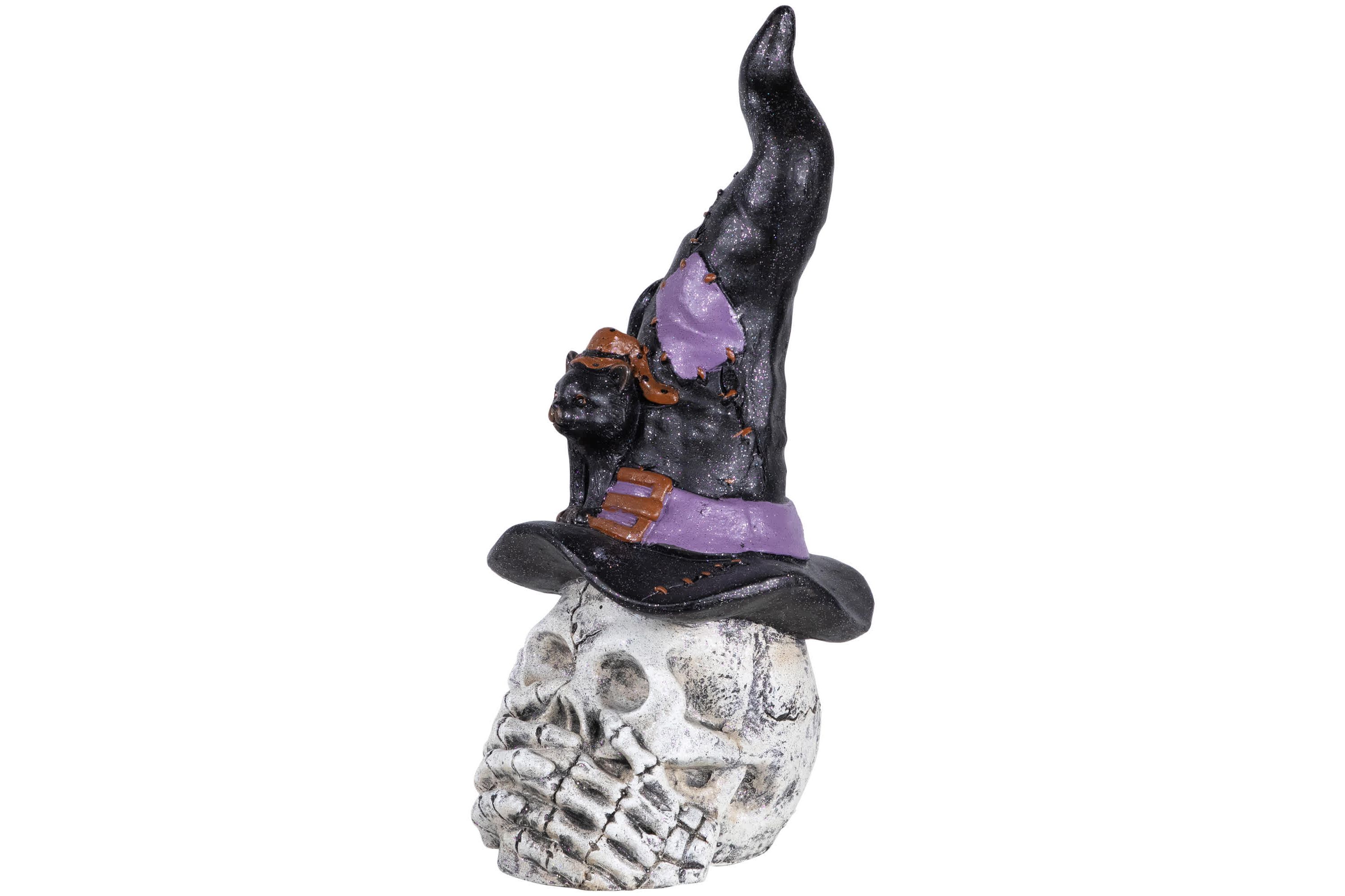 Skull and Skeleton Hands in Witch Hat with Black Cat Halloween Decoration - 22.75"