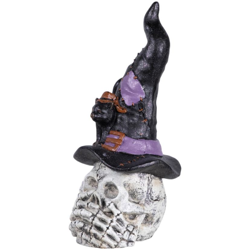 Skull and Skeleton Hands in Witch Hat with Black Cat Halloween Decoration - 22.75"