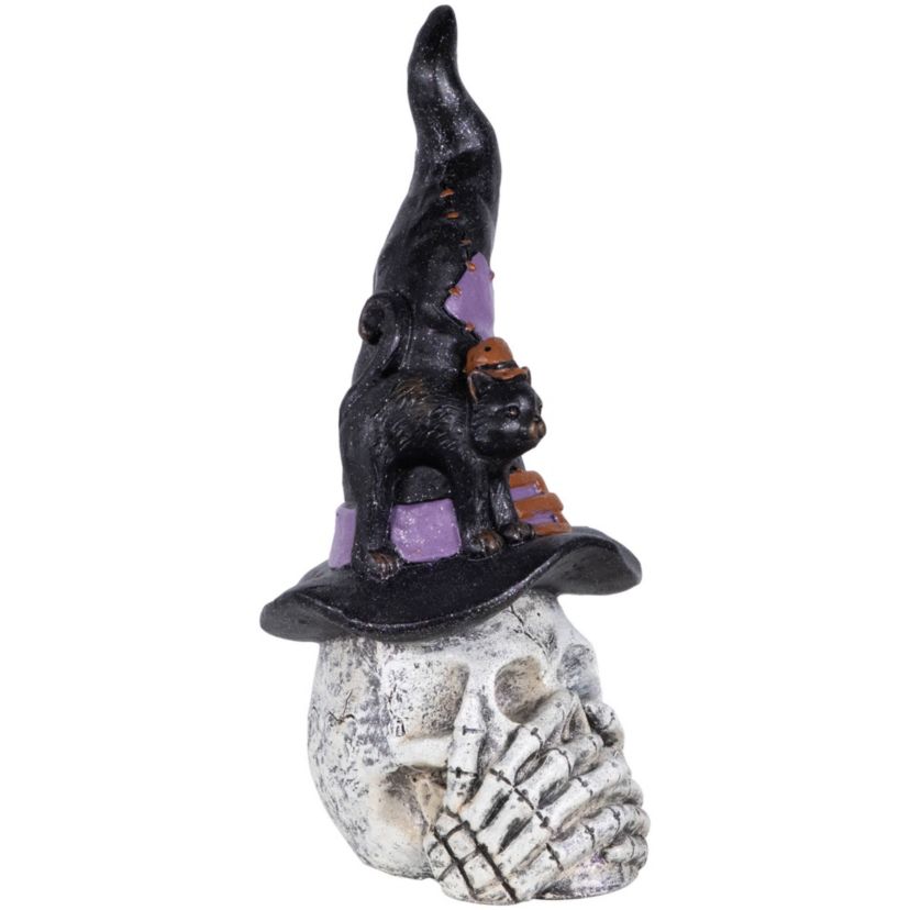 Skull and Skeleton Hands in Witch Hat with Black Cat Halloween Decoration - 22.75"