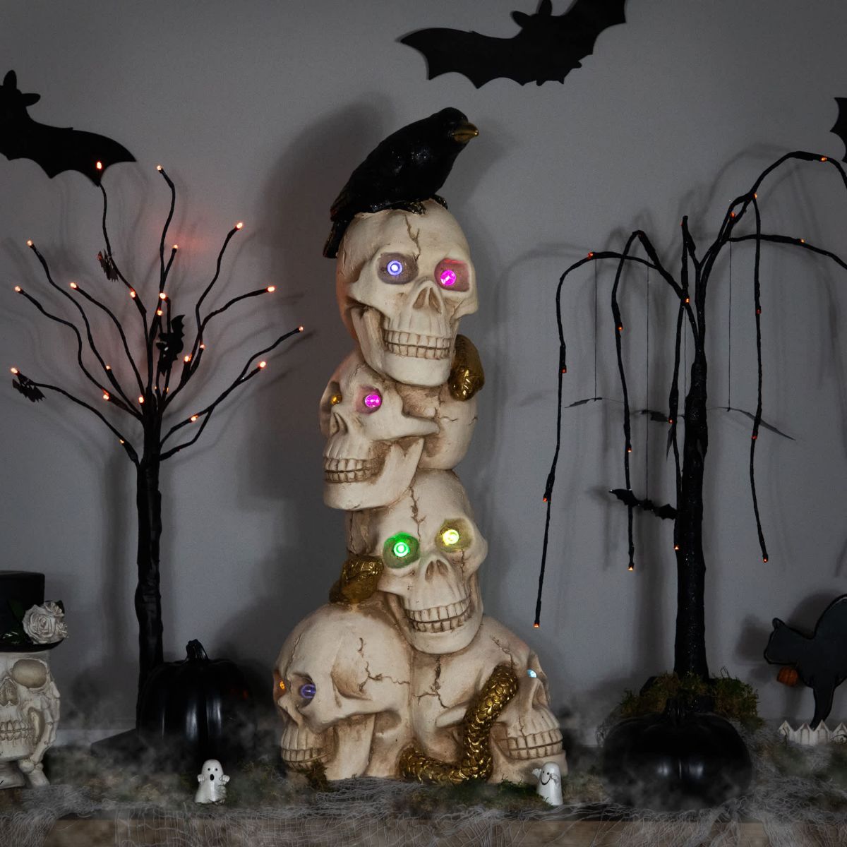 LED Lighted Skull Tower with Raven and Snake Halloween Decoration - 27.5"