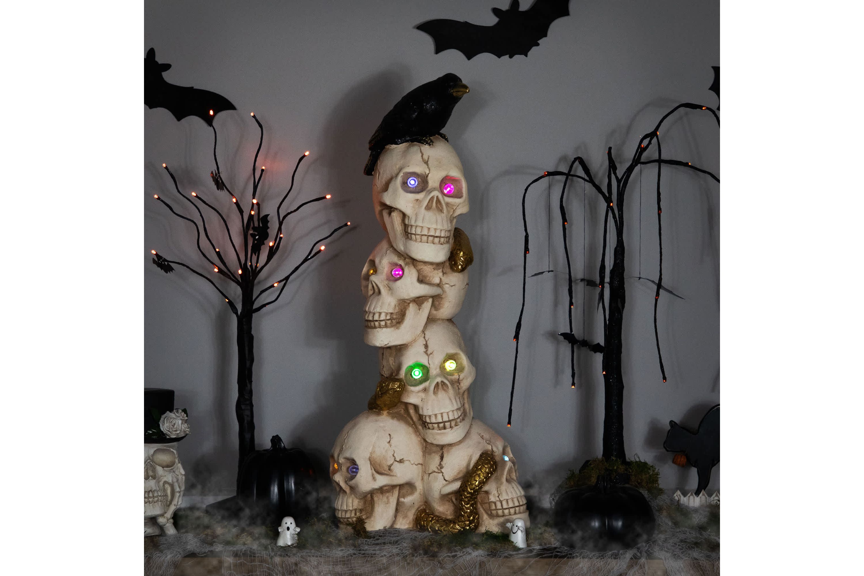 LED Lighted Skull Tower with Raven and Snake Halloween Decoration - 27.5"