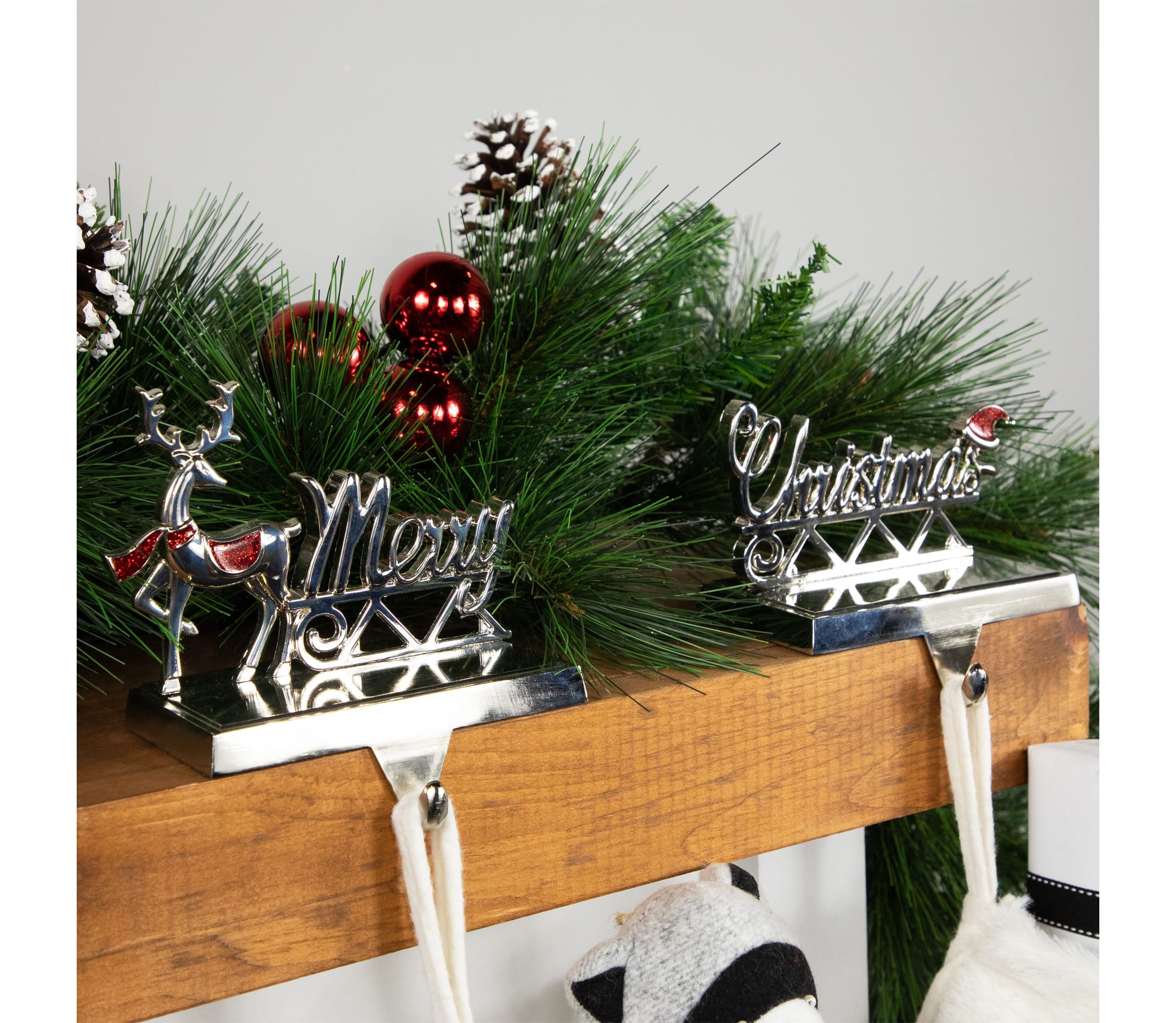 Set of 2 Silver Reindeer Merry Christmas Metal Stocking Holders 5.5inch