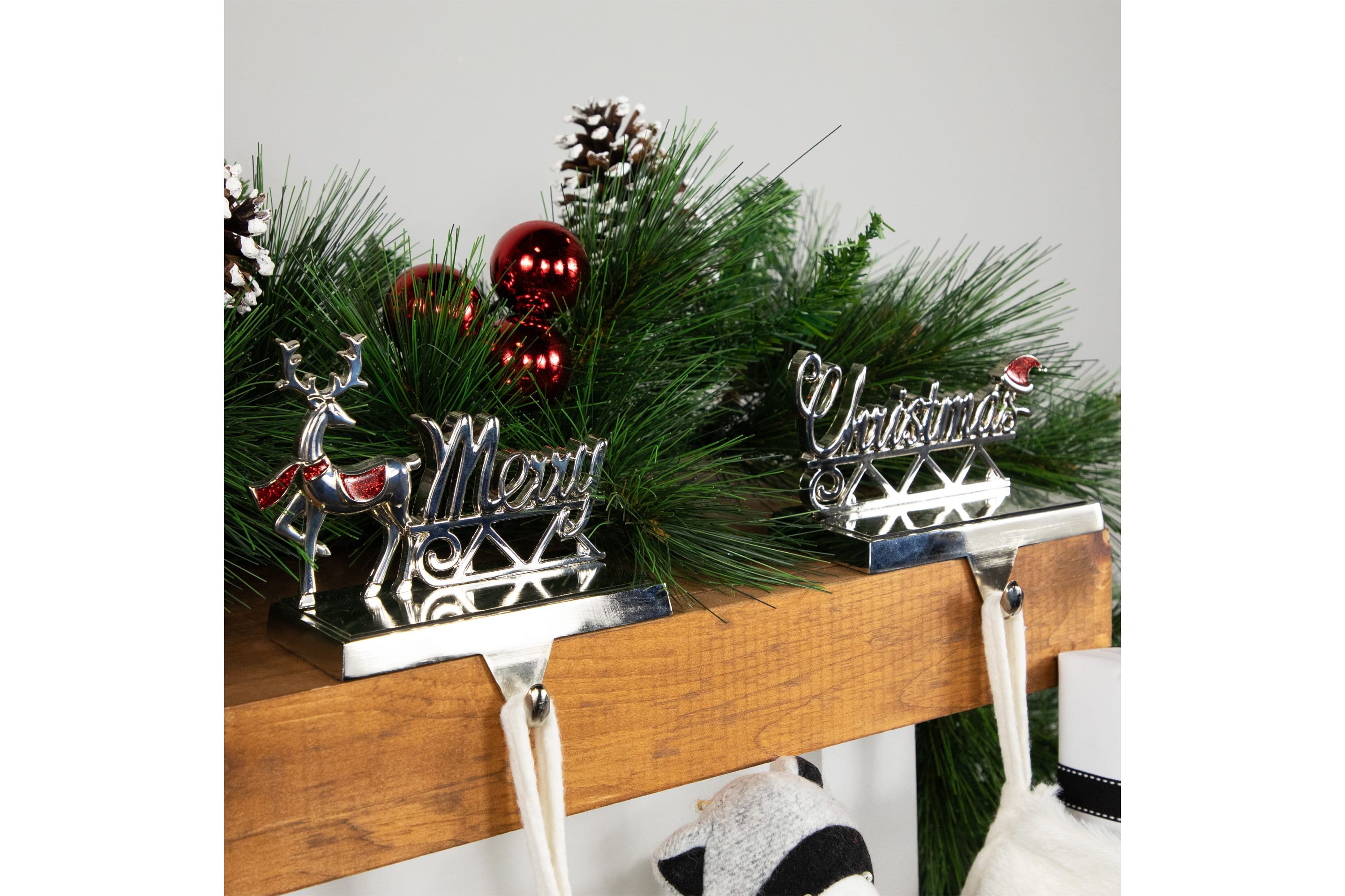 Set of 2 Silver Reindeer Merry Christmas Metal Stocking Holders 5.5inch