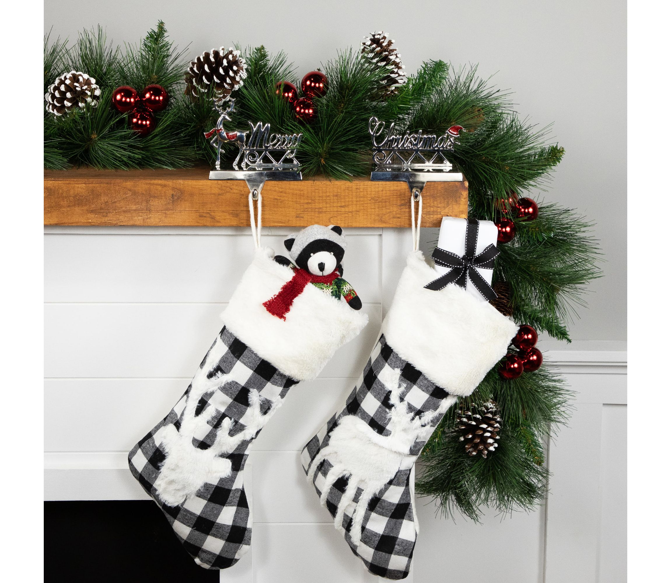 Set of 2 Silver Reindeer Merry Christmas Metal Stocking Holders 5.5inch