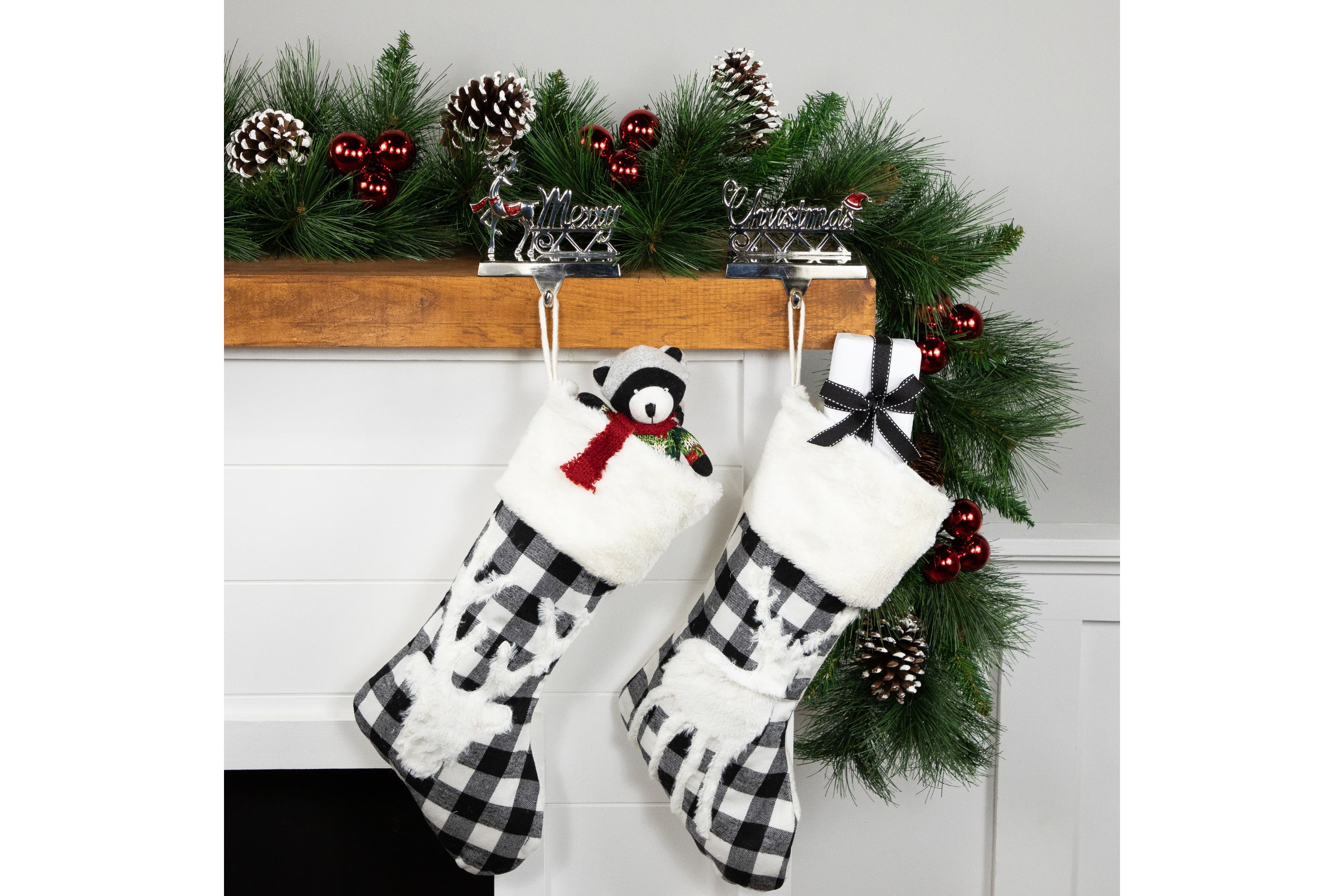 Set of 2 Silver Reindeer Merry Christmas Metal Stocking Holders 5.5inch