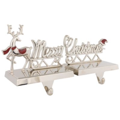 Set of 2 Silver Reindeer Merry Christmas Metal Stocking Holders 5.5inch