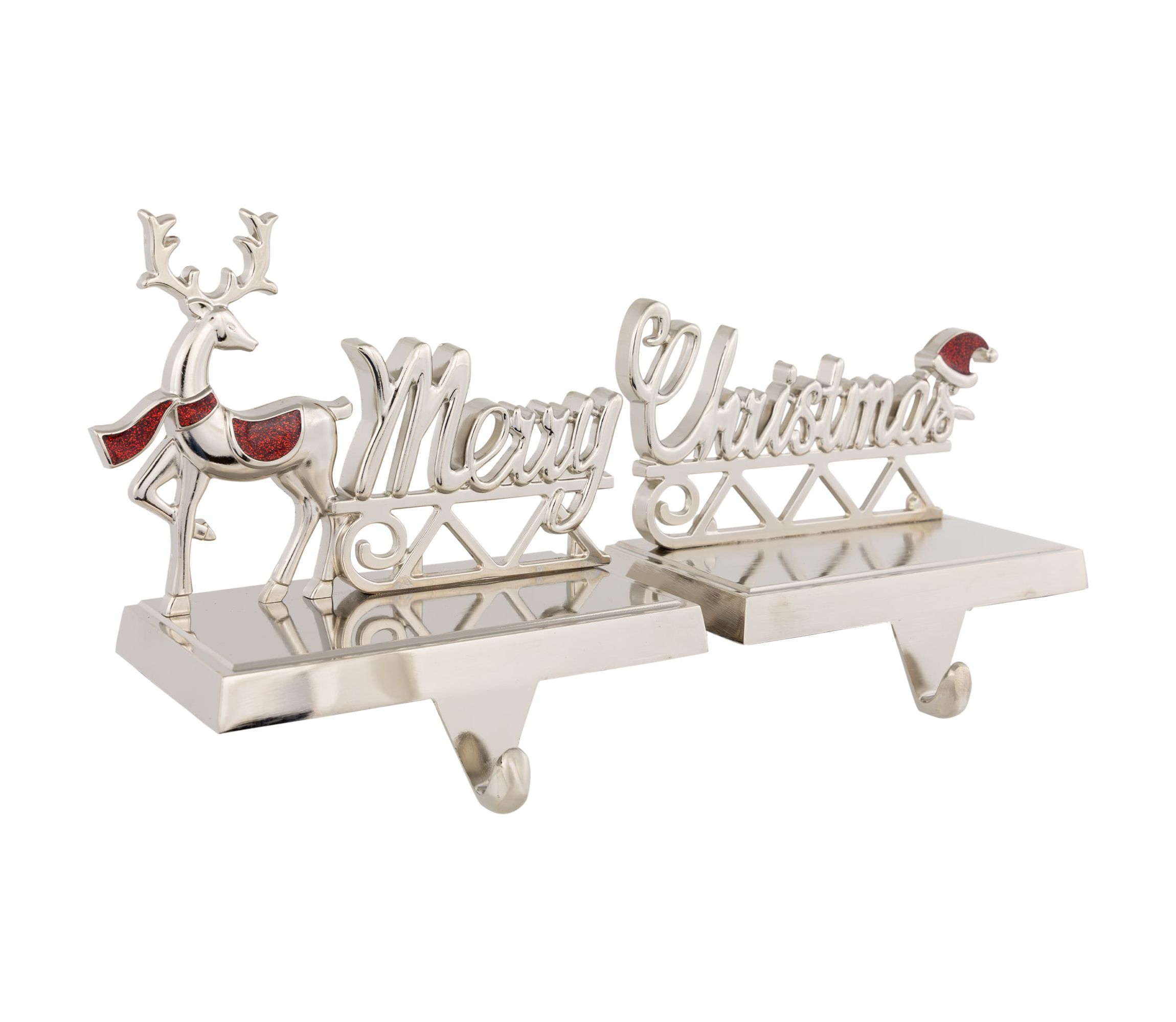 Set of 2 Silver Reindeer Merry Christmas Metal Stocking Holders 5.5inch