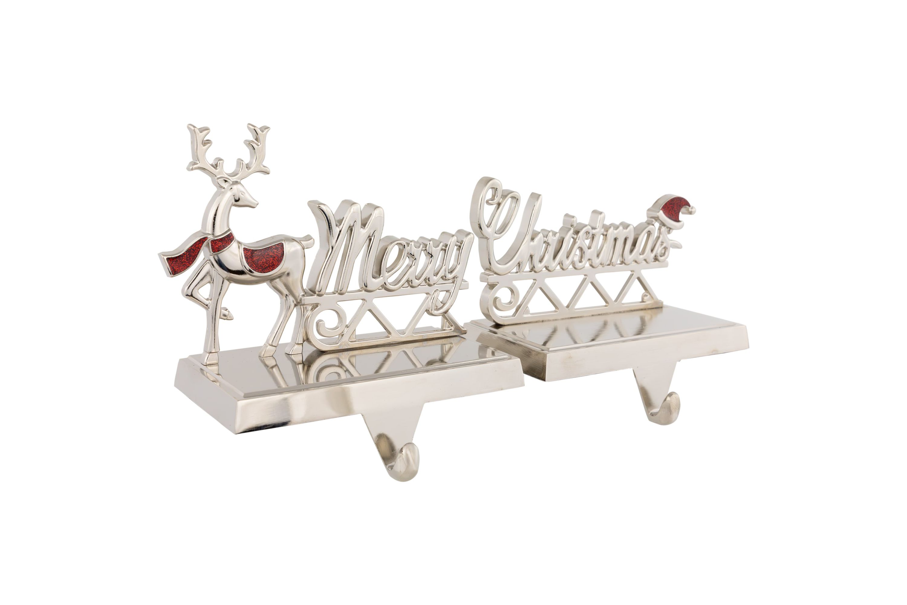 Set of 2 Silver Reindeer Merry Christmas Metal Stocking Holders 5.5inch