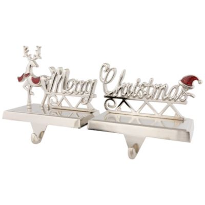 Set of 2 Silver Reindeer Merry Christmas Metal Stocking Holders 5.5inch