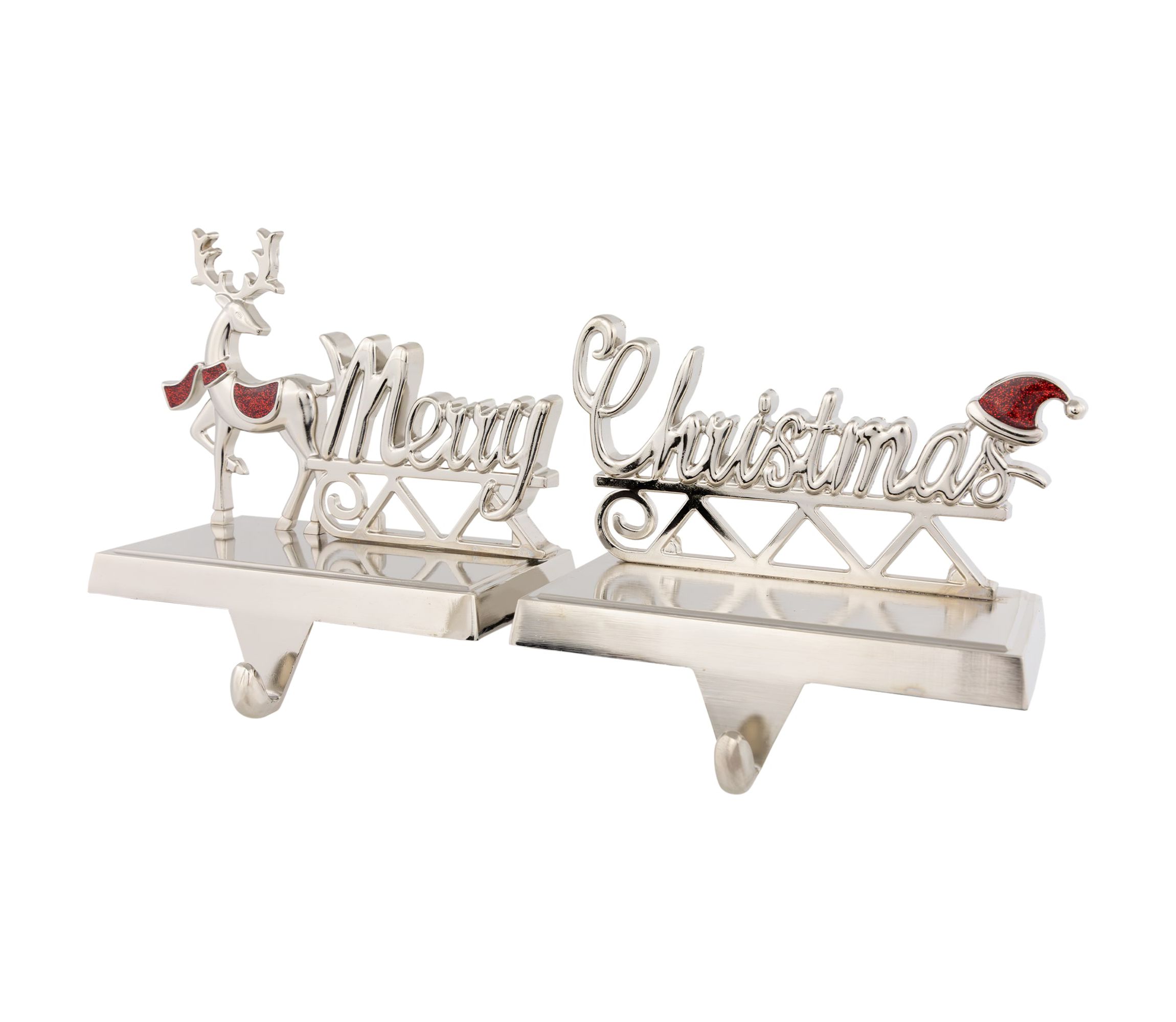 Set of 2 Silver Reindeer Merry Christmas Metal Stocking Holders 5.5inch