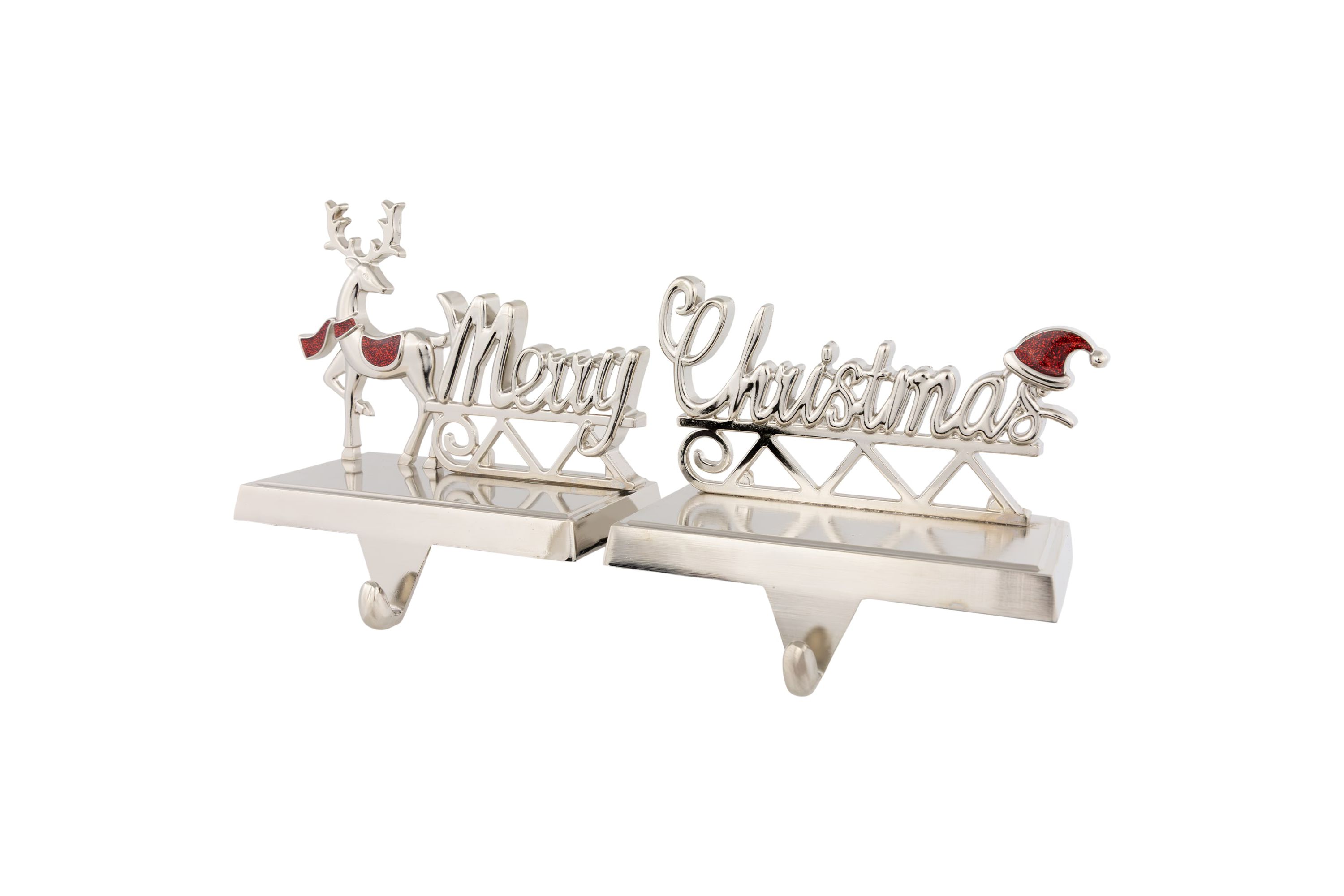 Set of 2 Silver Reindeer Merry Christmas Metal Stocking Holders 5.5inch
