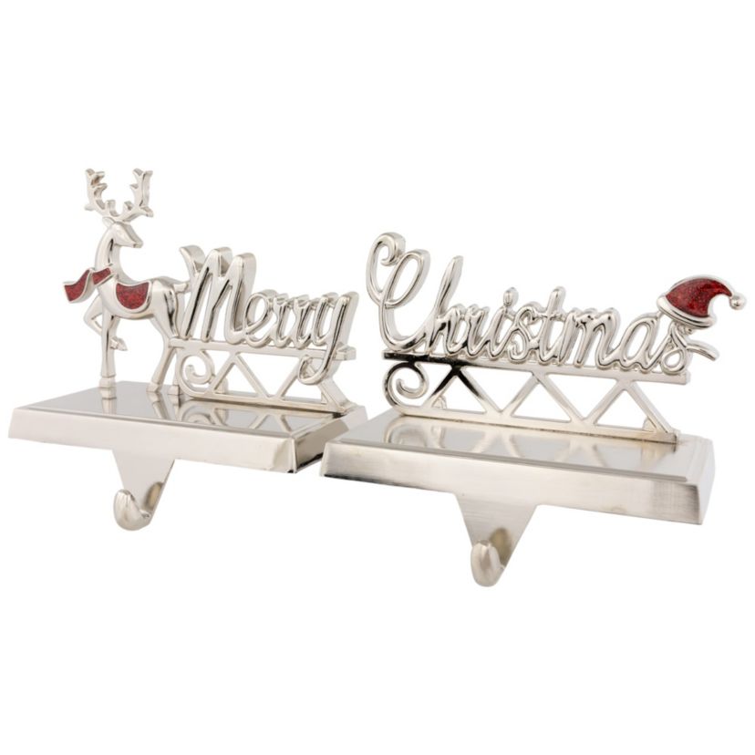 Set of 2 Silver Reindeer Merry Christmas Metal Stocking Holders 5.5inch
