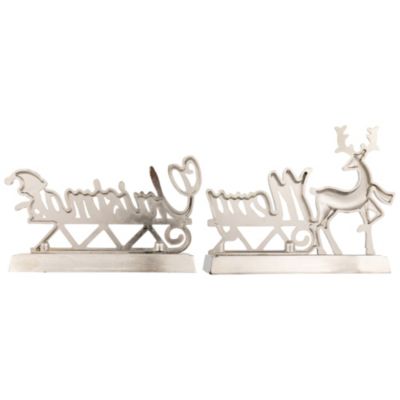 Set of 2 Silver Reindeer Merry Christmas Metal Stocking Holders 5.5inch