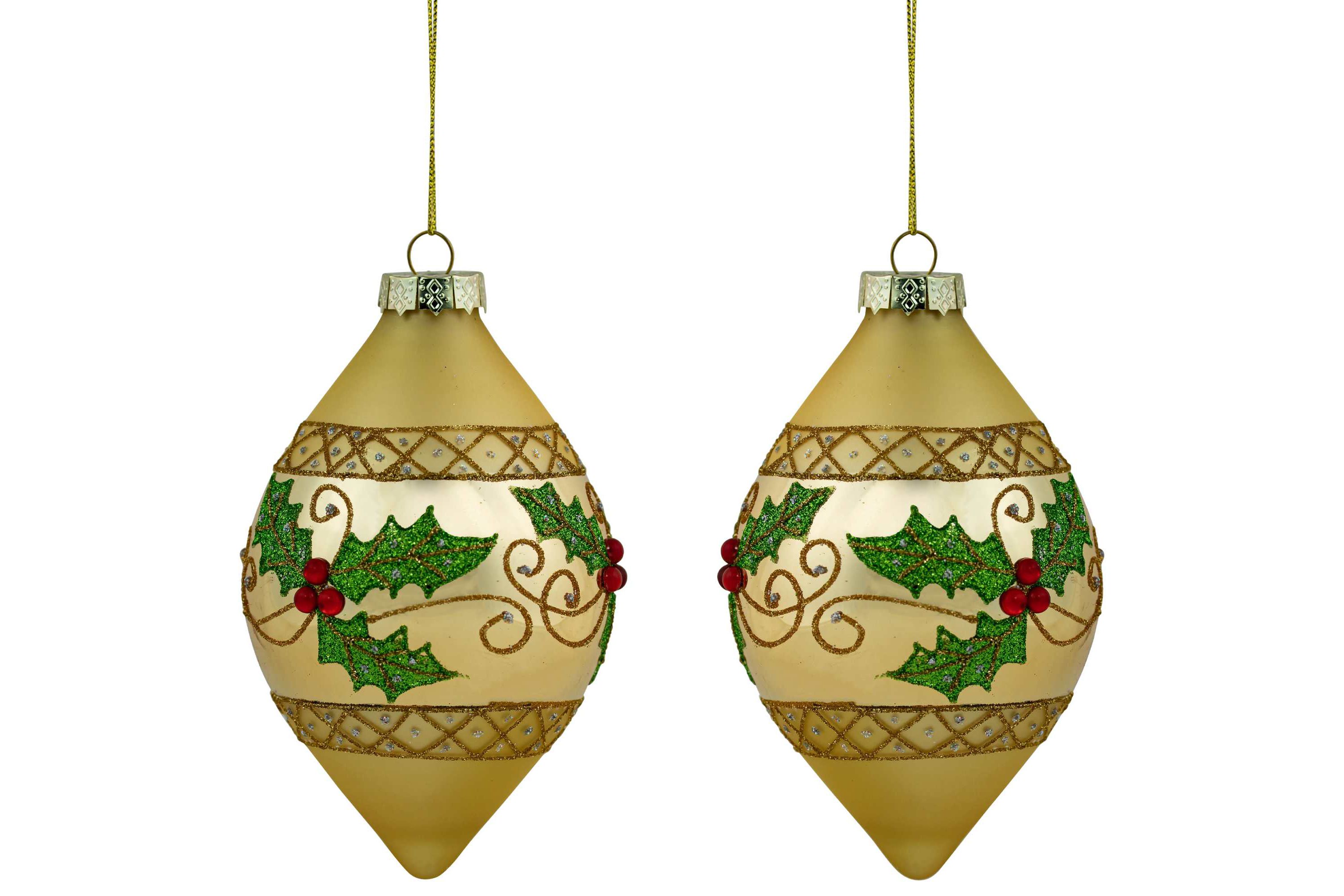 Set of 2 Golden Glitter Holly Finial Christmas Glass Ornaments 5"