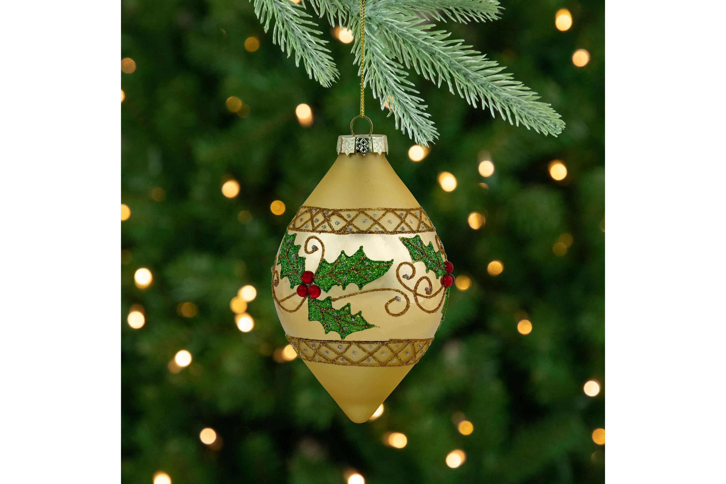 Set of 2 Golden Glitter Holly Finial Christmas Glass Ornaments 5"