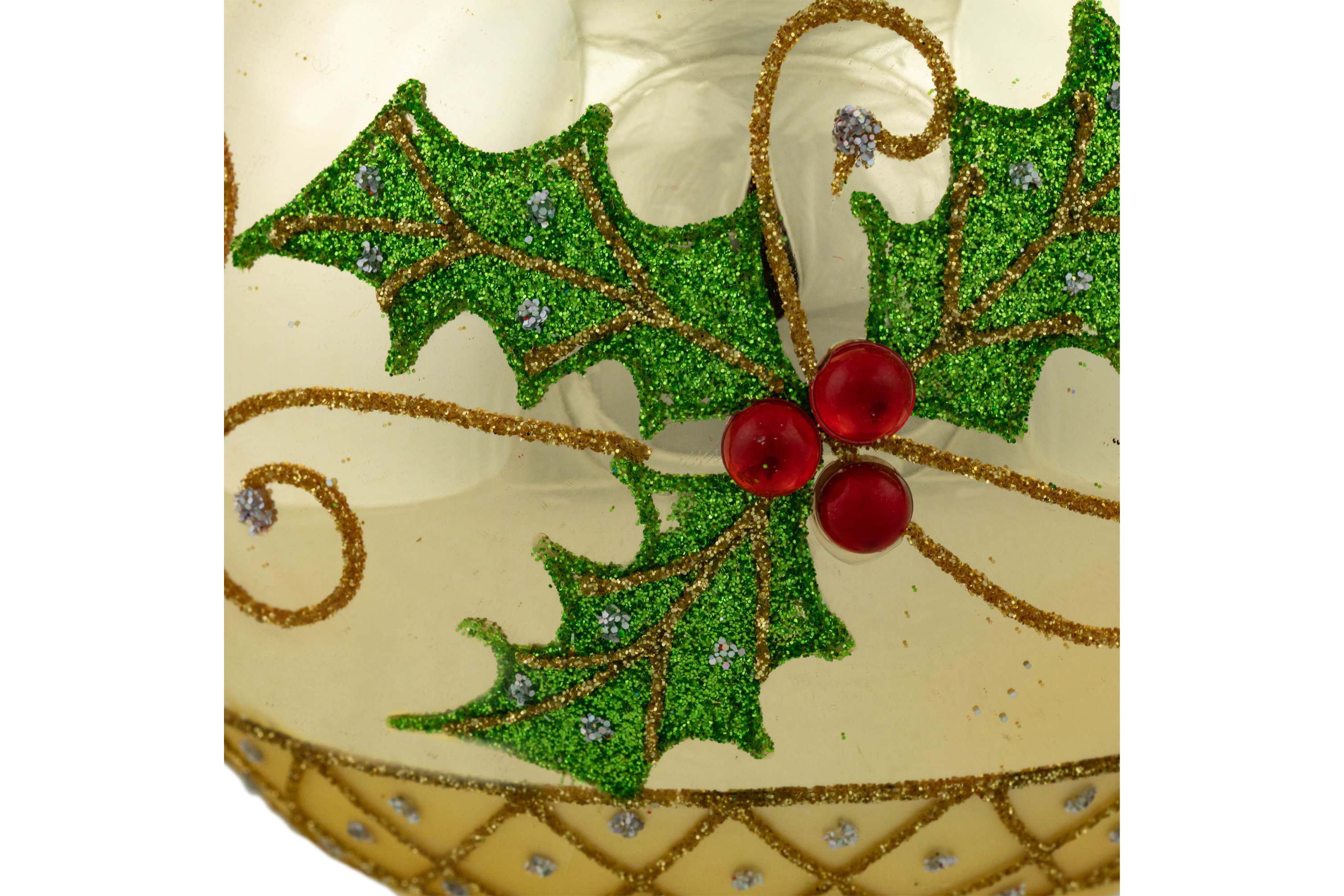 Set of 2 Golden Glitter Holly Finial Christmas Glass Ornaments 5"