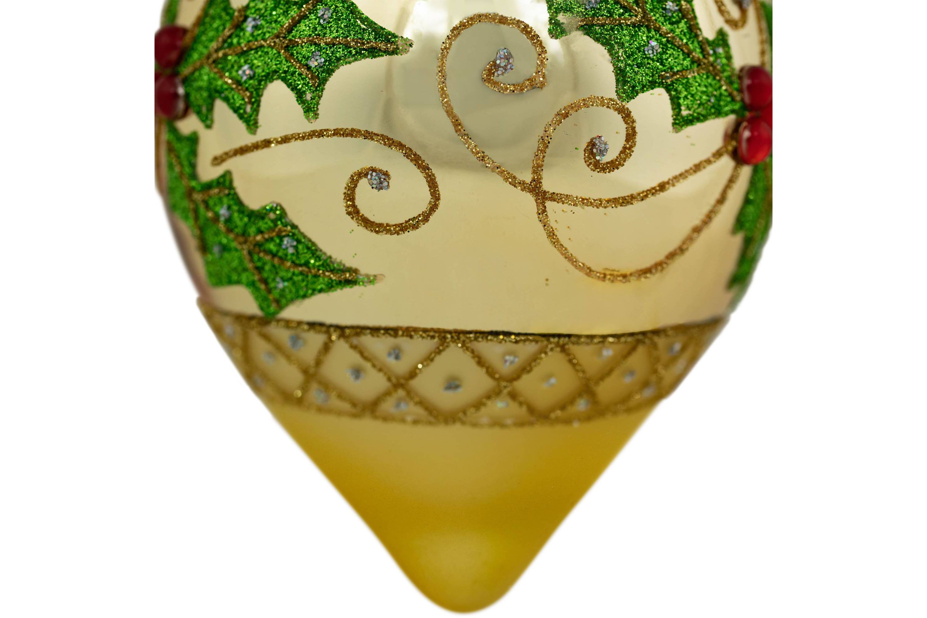 Set of 2 Golden Glitter Holly Finial Christmas Glass Ornaments 5"