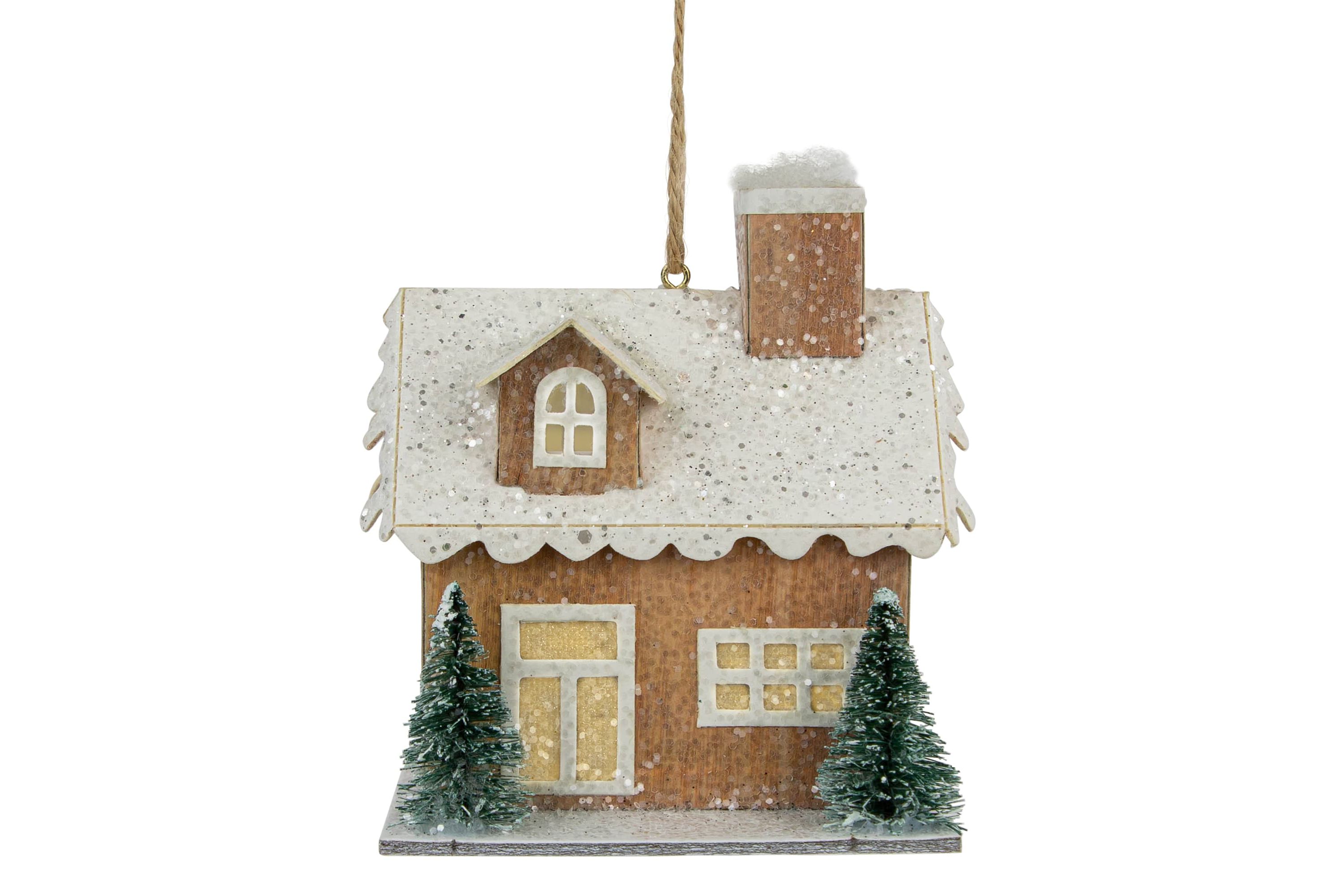 4" Battery Operated Tan Brown and White Lighted House Christmas Ornament