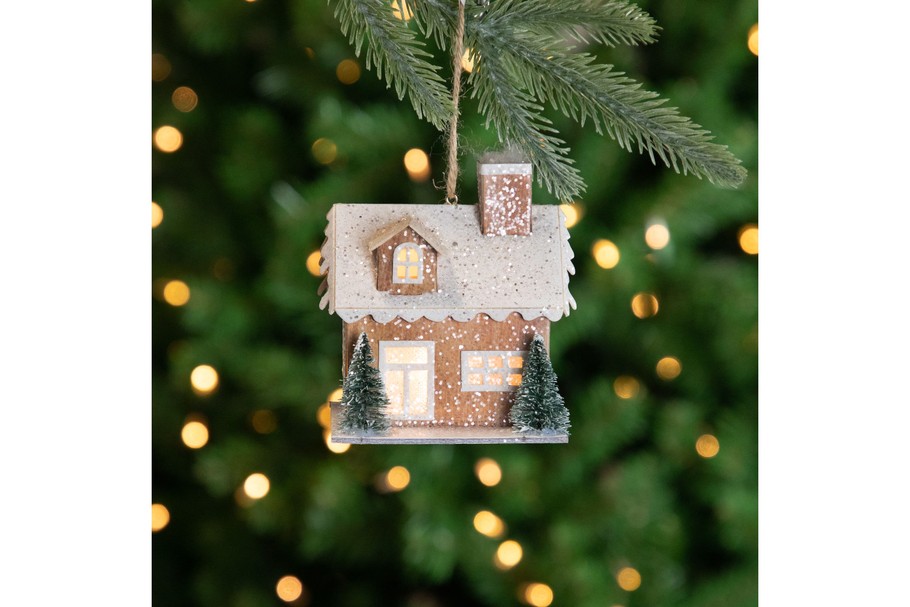4" Battery Operated Tan Brown and White Lighted House Christmas Ornament