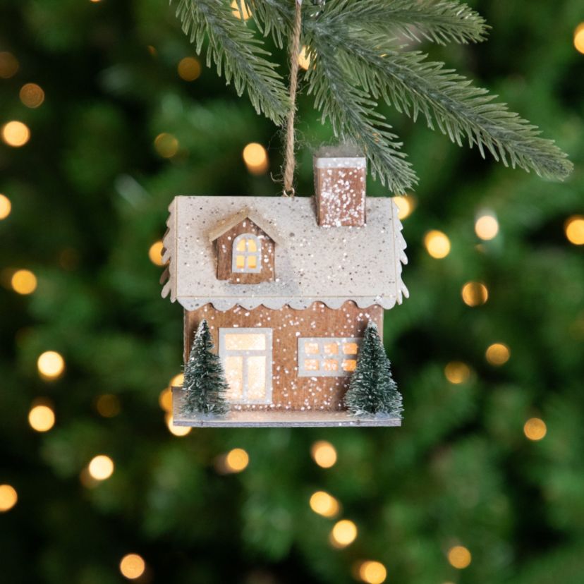 4" Battery Operated Tan Brown and White Lighted House Christmas Ornament