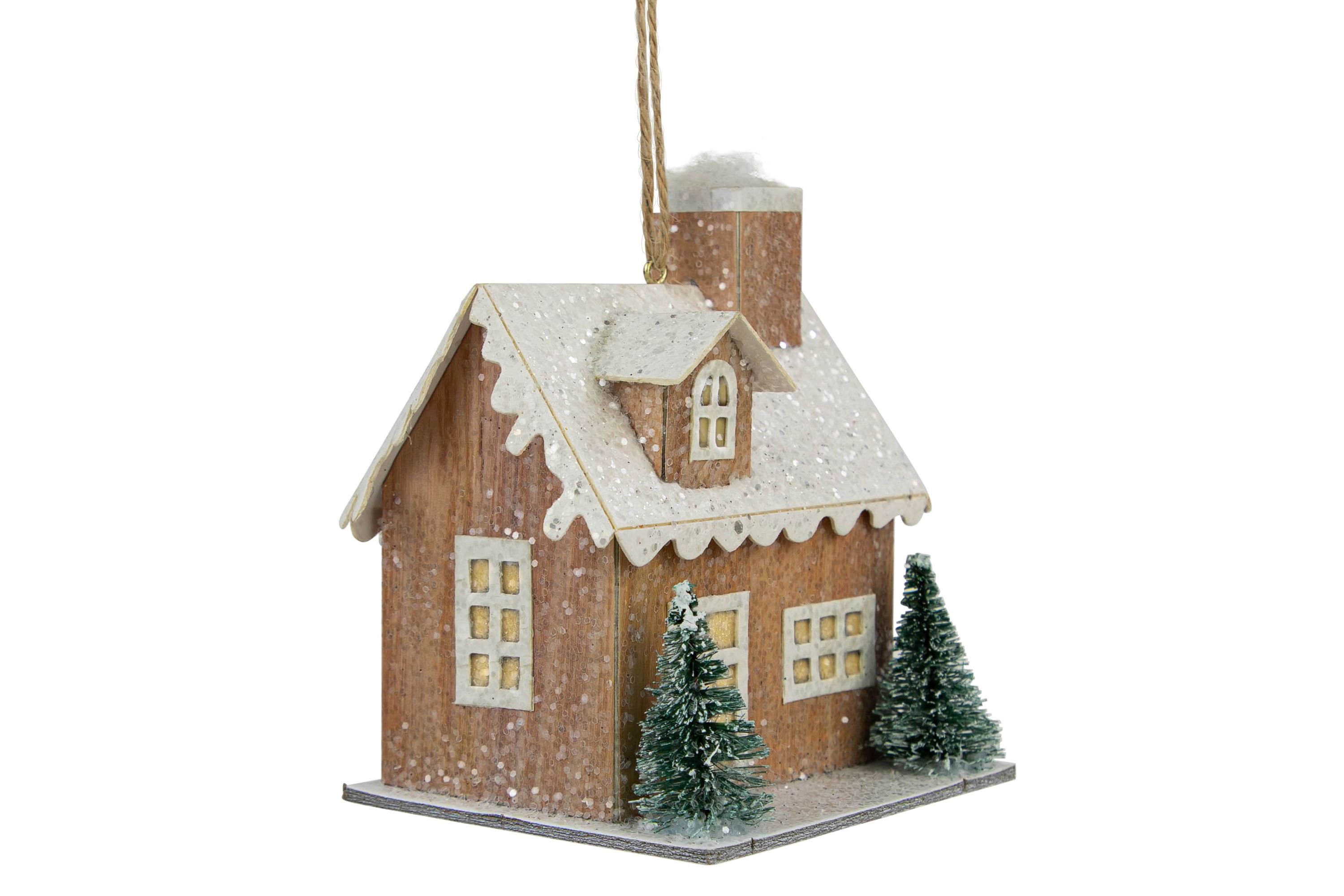 4" Battery Operated Tan Brown and White Lighted House Christmas Ornament