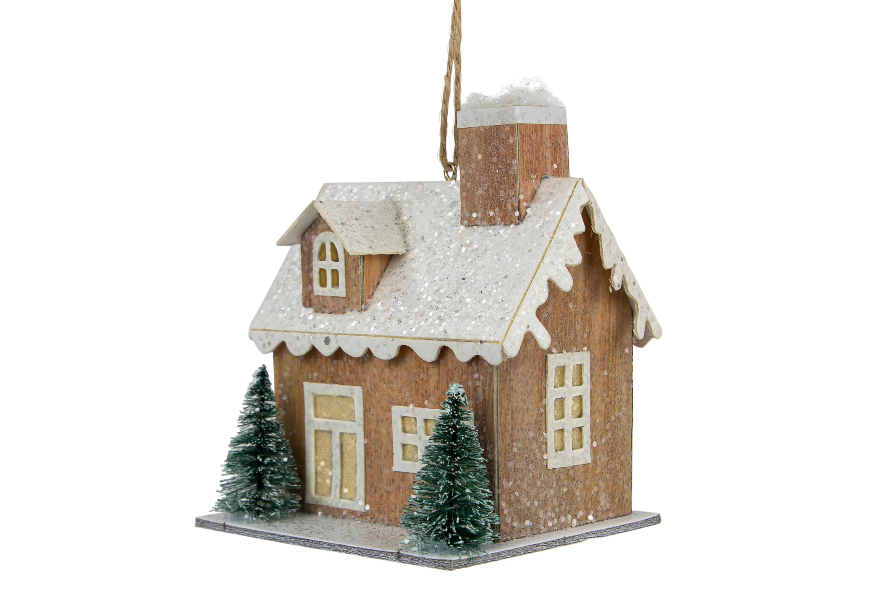 4" Battery Operated Tan Brown and White Lighted House Christmas Ornament